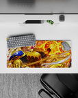 28x12 inches anime mouse pad in hot orange and neon yellow flames, molten sparks, bold high-energy vibe.