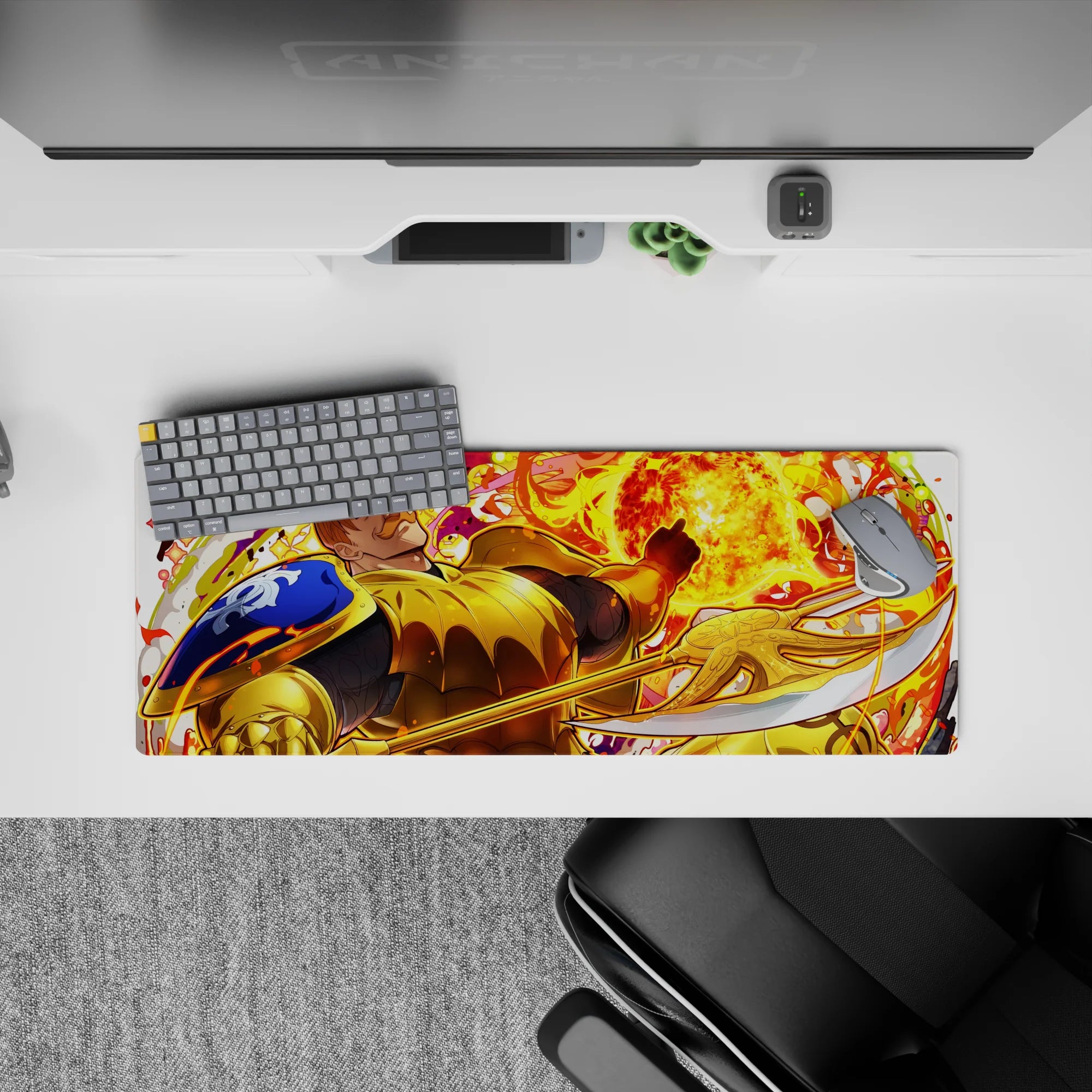 32x12 inches anime mouse pad in hot orange and neon yellow flames, molten swirls and sparks, bold energy.
