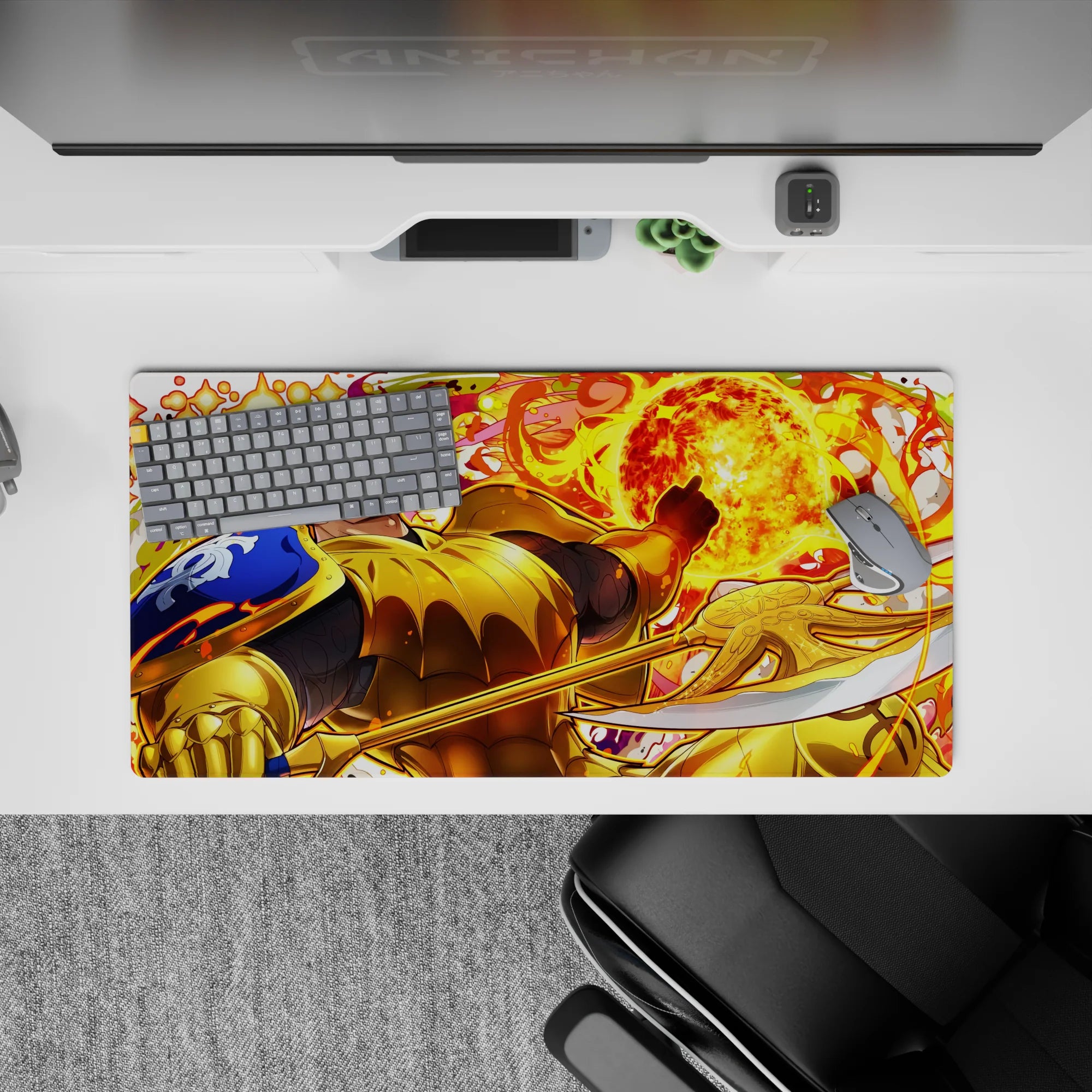 32x16 inches anime mouse pad in neon yellows and hot oranges, molten swirls and sparks for fiery energy.