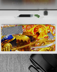 32x16 inches anime mouse pad in neon yellows and hot oranges, molten swirls and sparks for fiery energy.