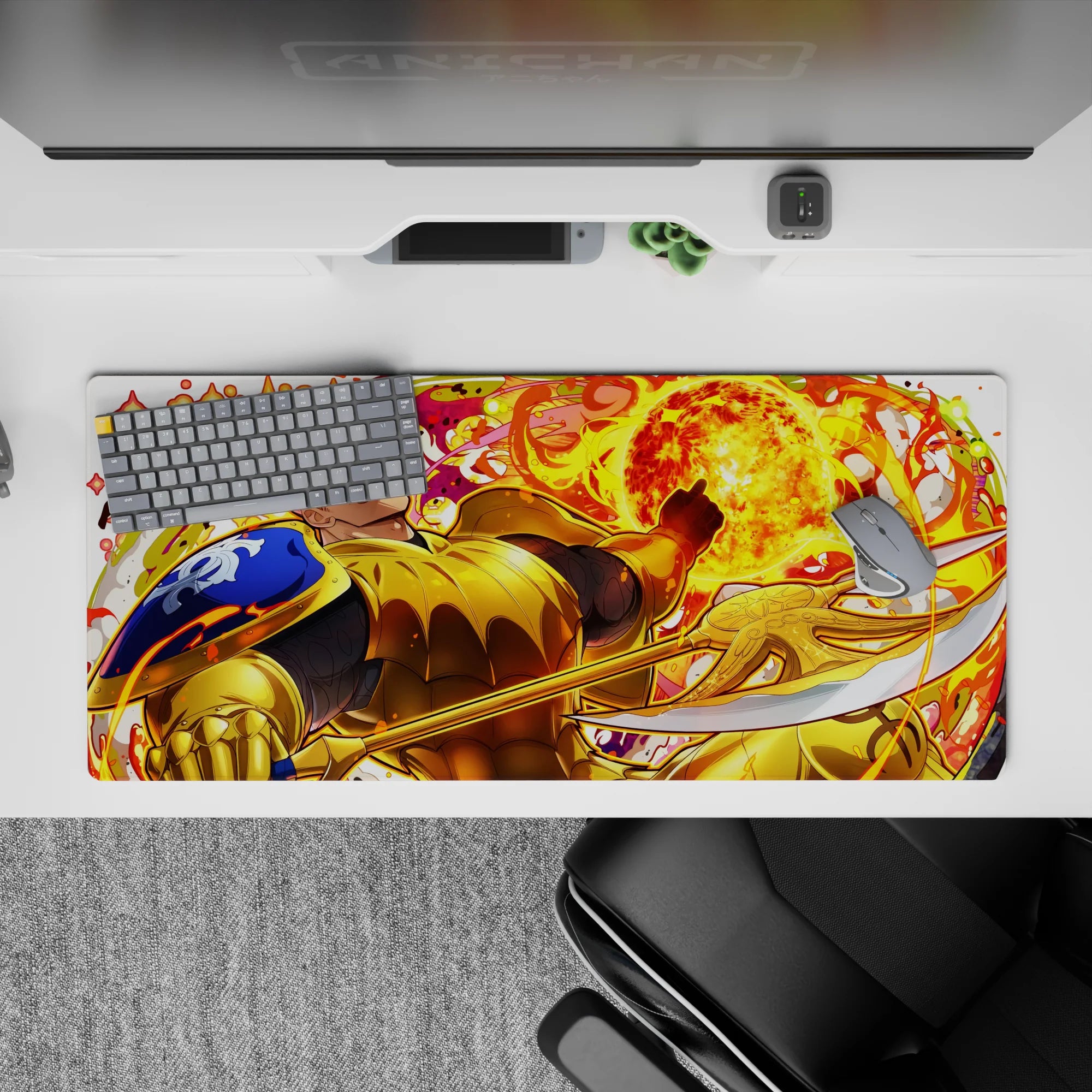 Fiery anime desk pad 36x16 inches in hot orange and neon yellow glow with molten swirls and sparks.