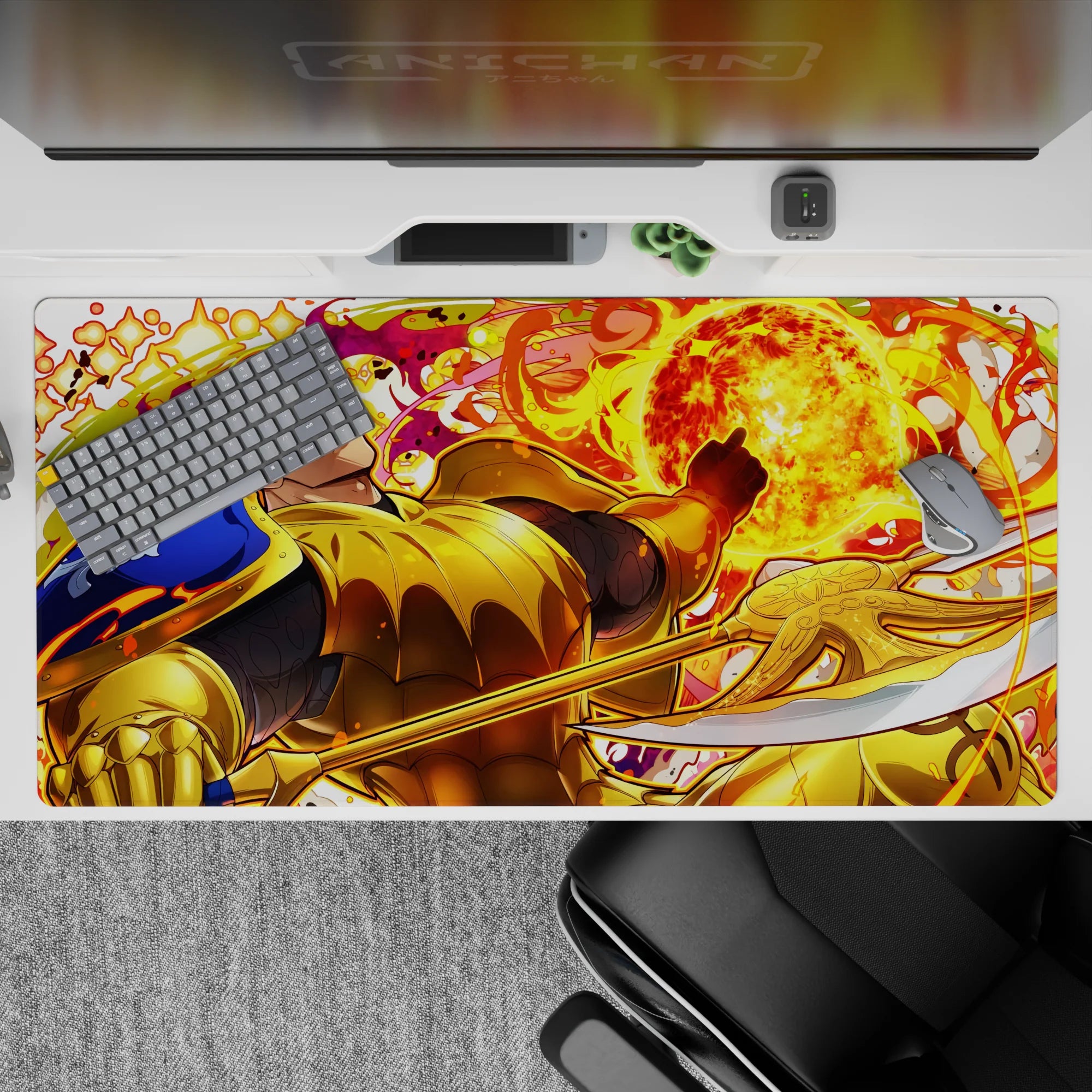 Fiery orange and neon yellow anime desk pad 40x20 inches, molten swirls and sparks, bold energy.