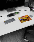 Grinning golden knight raises gauntlet as a blazing fireball erupts on anime mouse pad 14x10 inches.