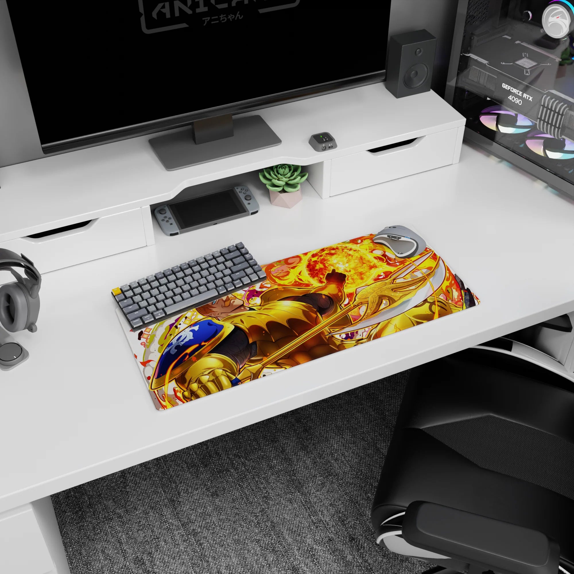 28x12 inches anime mouse pad showing grinning golden knight raising gauntlet as a blazing fireball erupts.