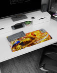 28x12 inches anime mouse pad showing grinning golden knight raising gauntlet as a blazing fireball erupts.