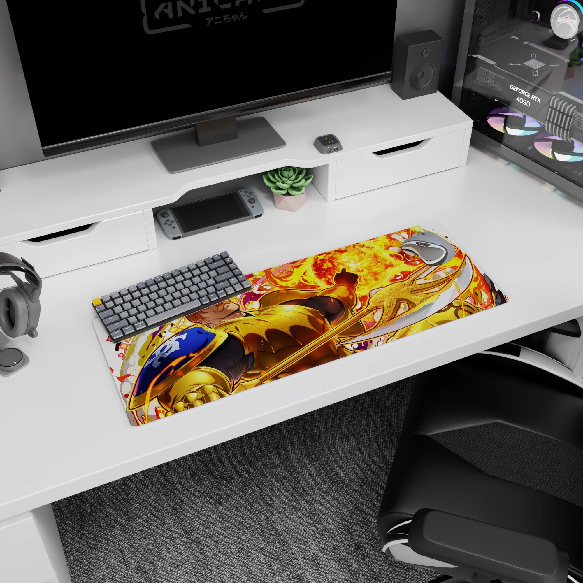 32x12 inches anime mouse pad of grinning golden knight raising gauntlet as a blazing fireball erupts behind.