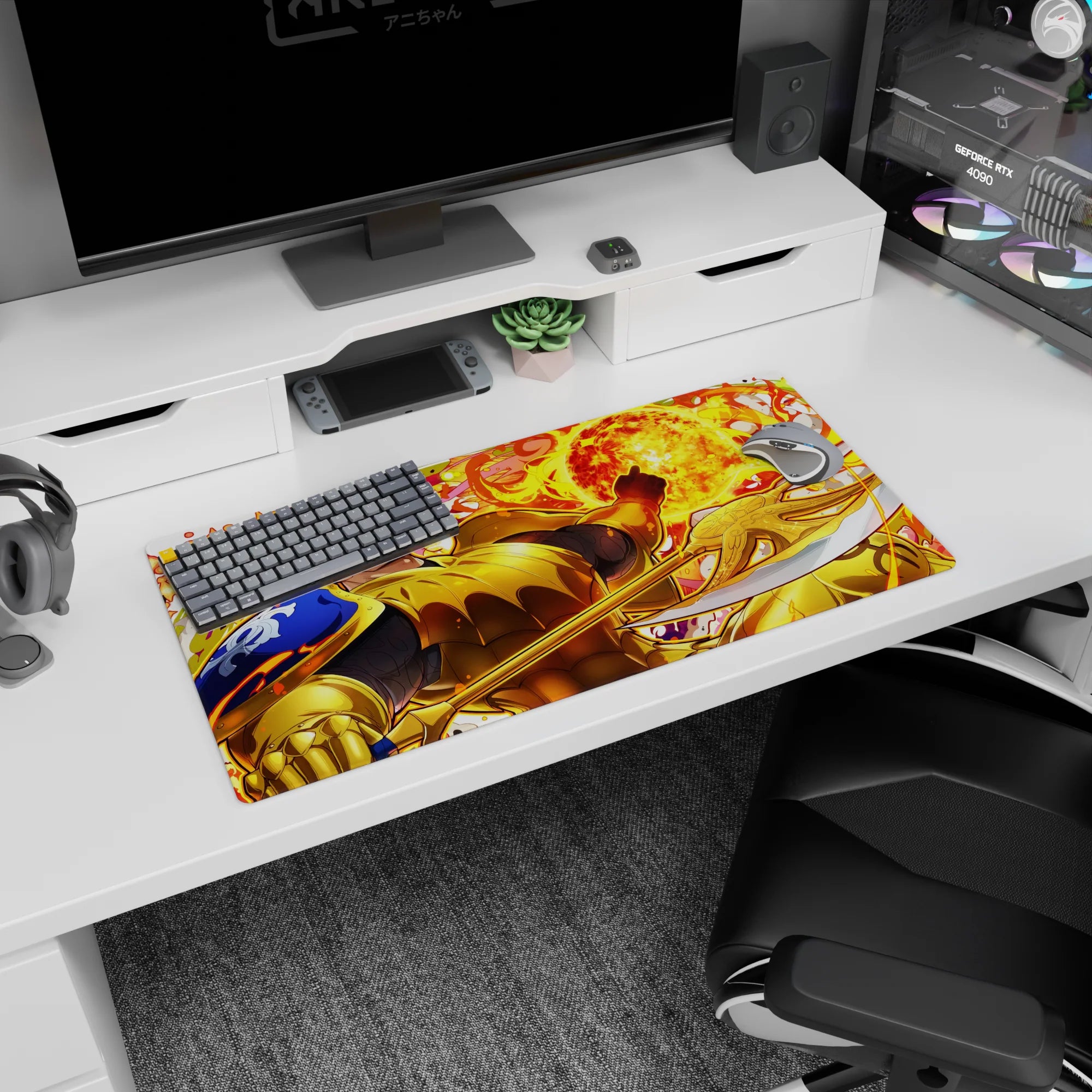 32x16 inches anime mouse pad showing grinning golden knight raising gauntlet as a blazing fireball erupts.