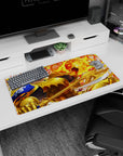32x16 inches anime mouse pad showing grinning golden knight raising gauntlet as a blazing fireball erupts.