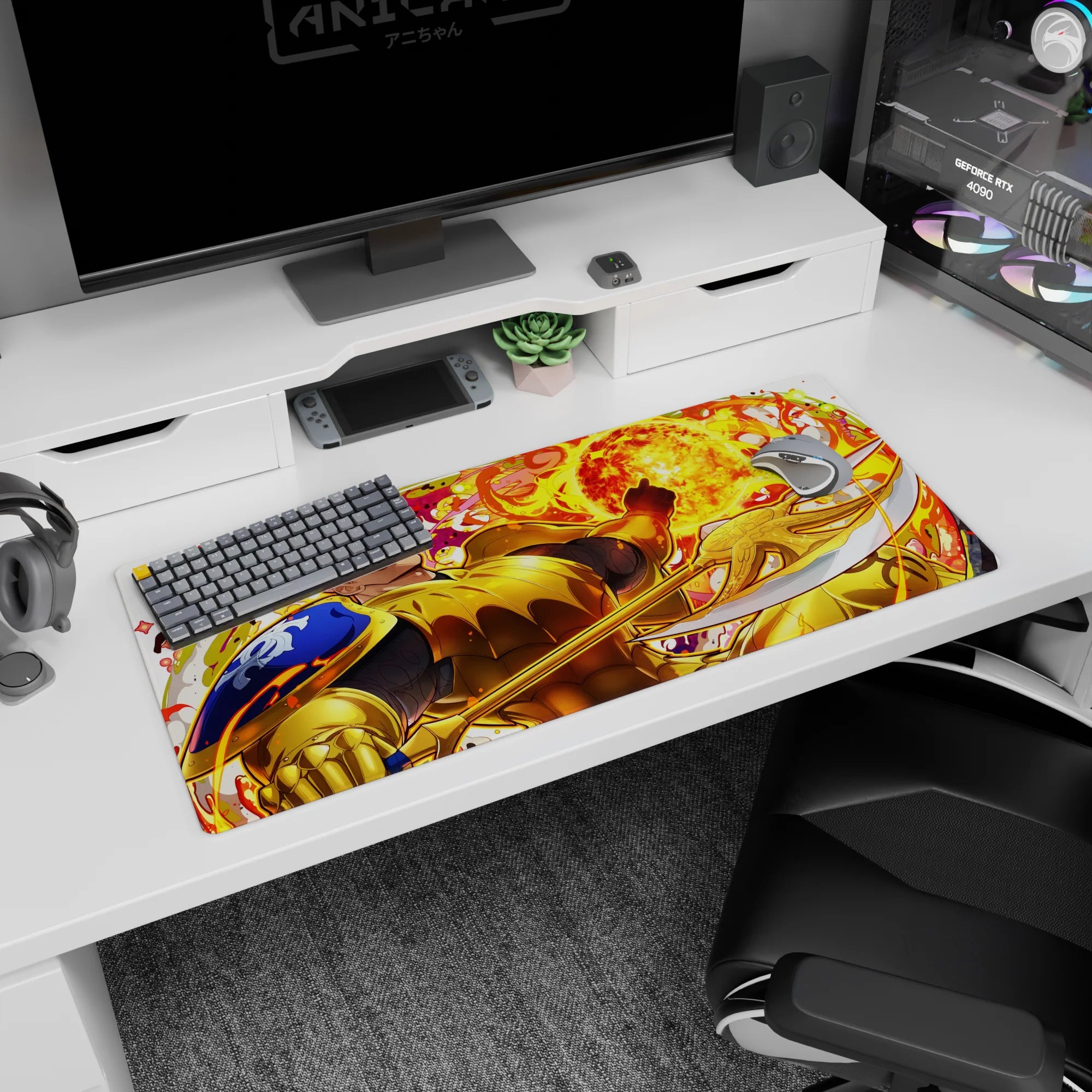 Golden armored knight grinning with raised gauntlet and blazing fireball on anime desk pad 36x16 inches.