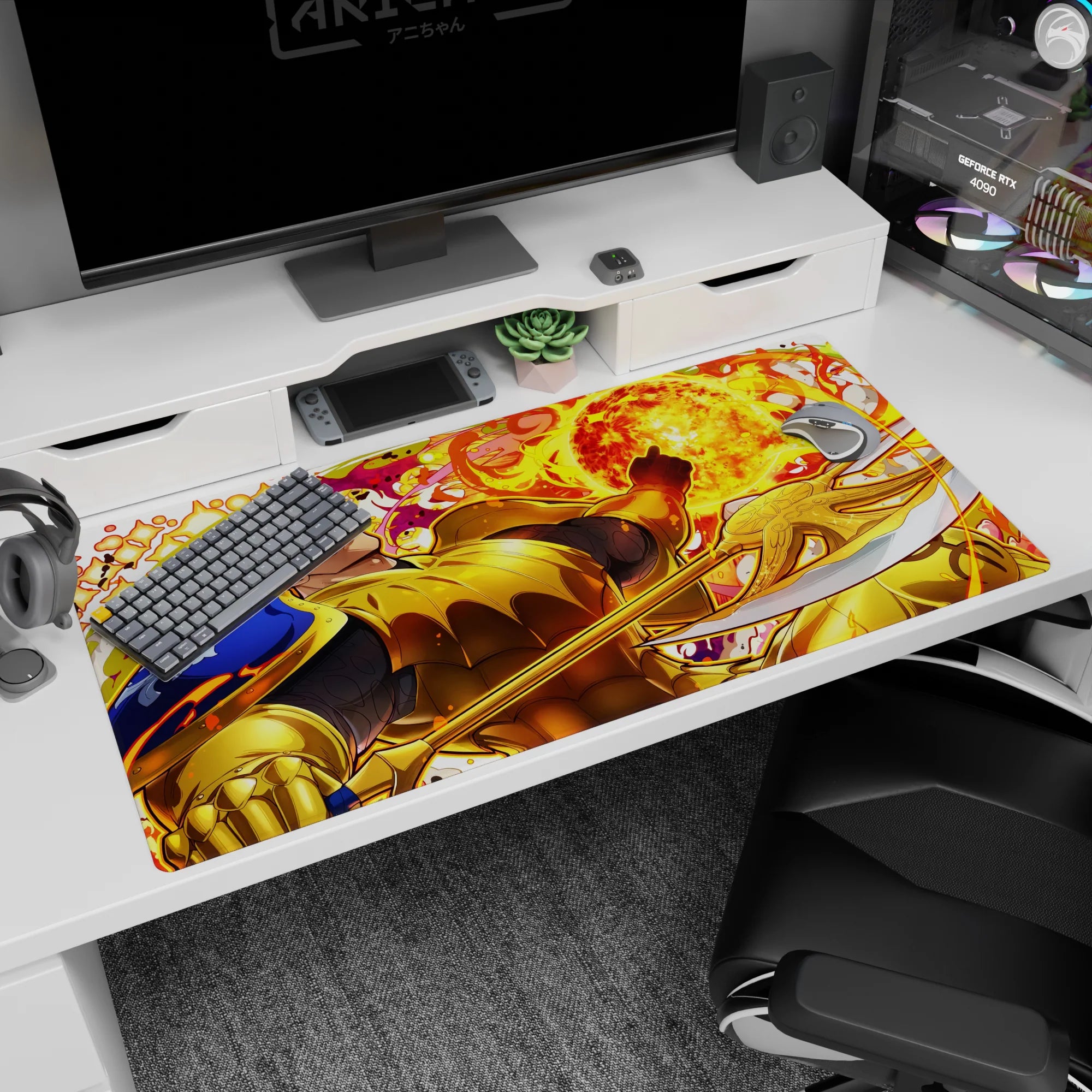 Grinning golden knight raises gauntlet before blazing fireball on anime desk pad 40x20 inches.