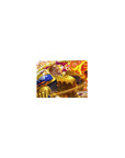 Classic anime mouse pad 14x10 inches with golden-armored knight, fireball backdrop, and etched blade details.