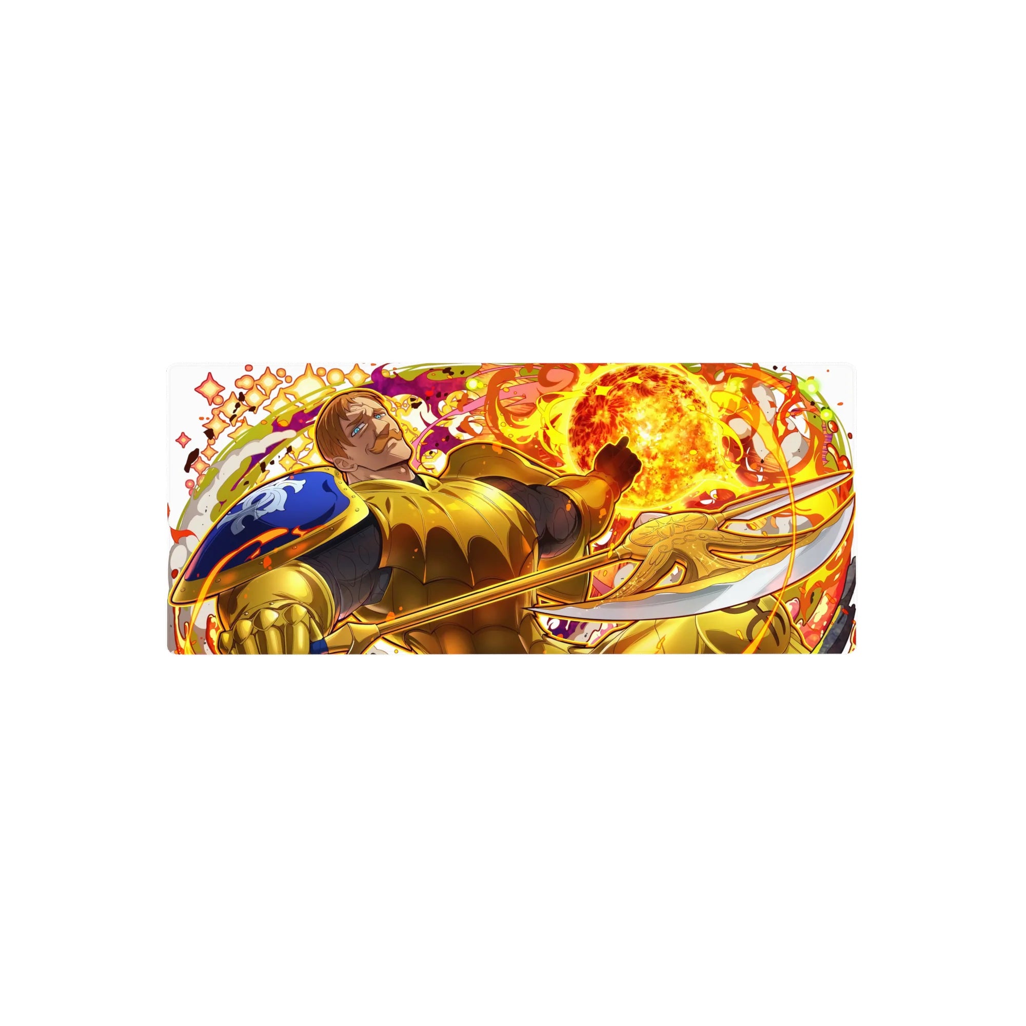 28x12 inches anime mouse pad with golden-armored knight, fireball burst, low-angle heroic desk mat.