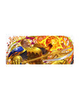 28x12 inches anime mouse pad with golden-armored knight, fireball burst, low-angle heroic desk mat.