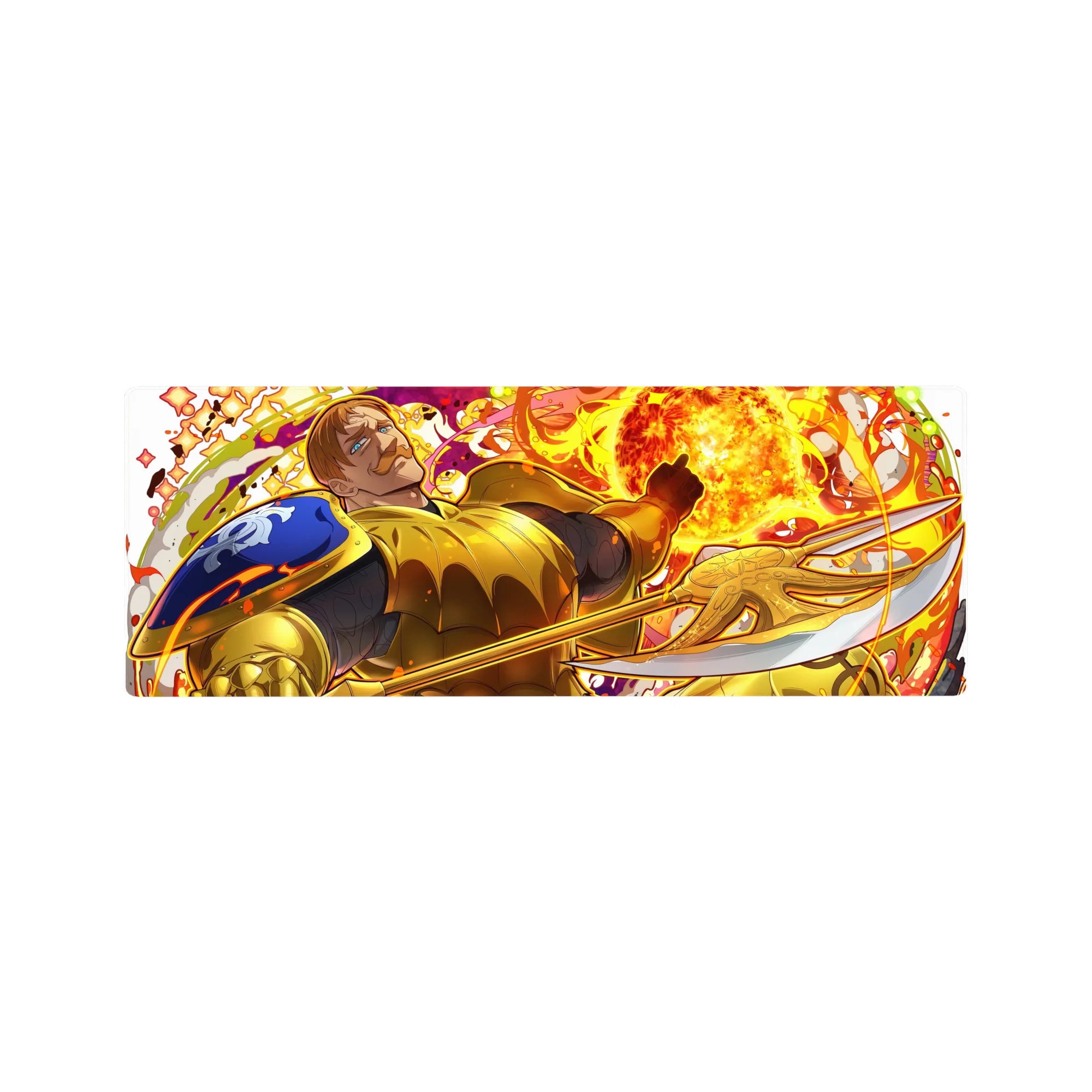 32x12 inches anime mouse pad with golden armored knight, fireball backdrop, blue crest, etched sword details.