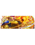 32x12 inches anime mouse pad with golden armored knight, fireball backdrop, blue crest, etched sword details.