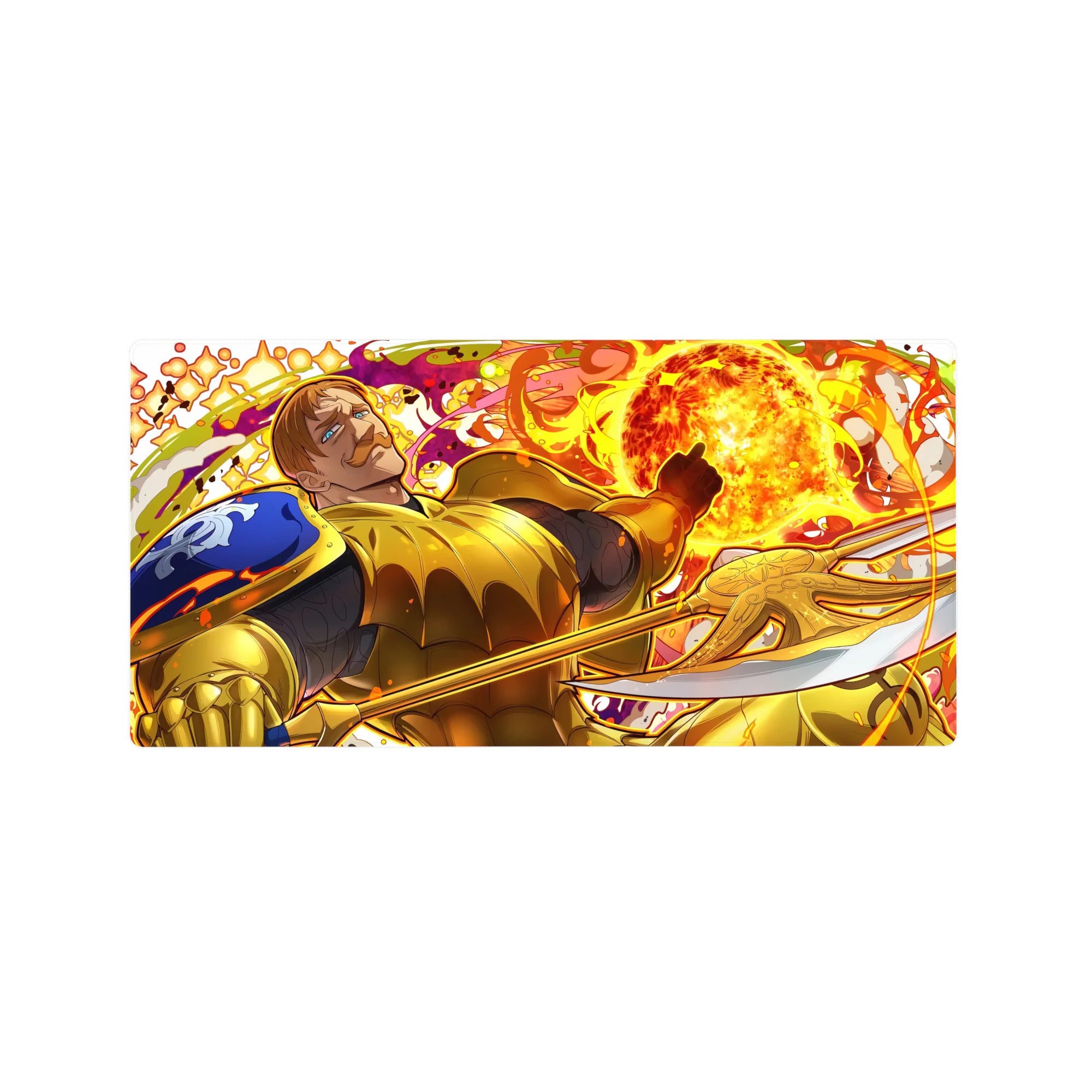 32x16 inches anime mouse pad with golden armored knight, fireball backdrop, blue crest, and etched sword.