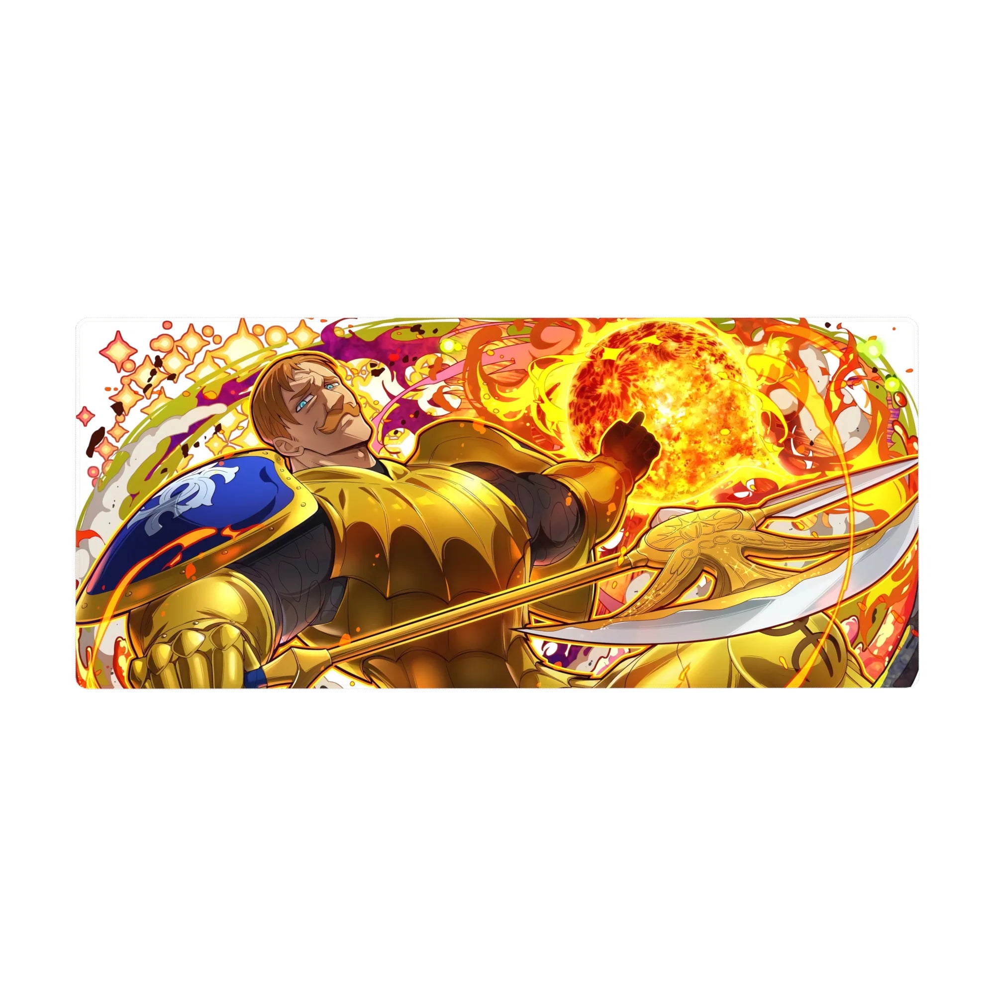 Anime desk pad 36x16 inches with golden knight, fireball backdrop, blue crest and etched sword details.