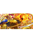 Anime desk pad 36x16 inches with golden knight, fireball backdrop, blue crest and etched sword details.