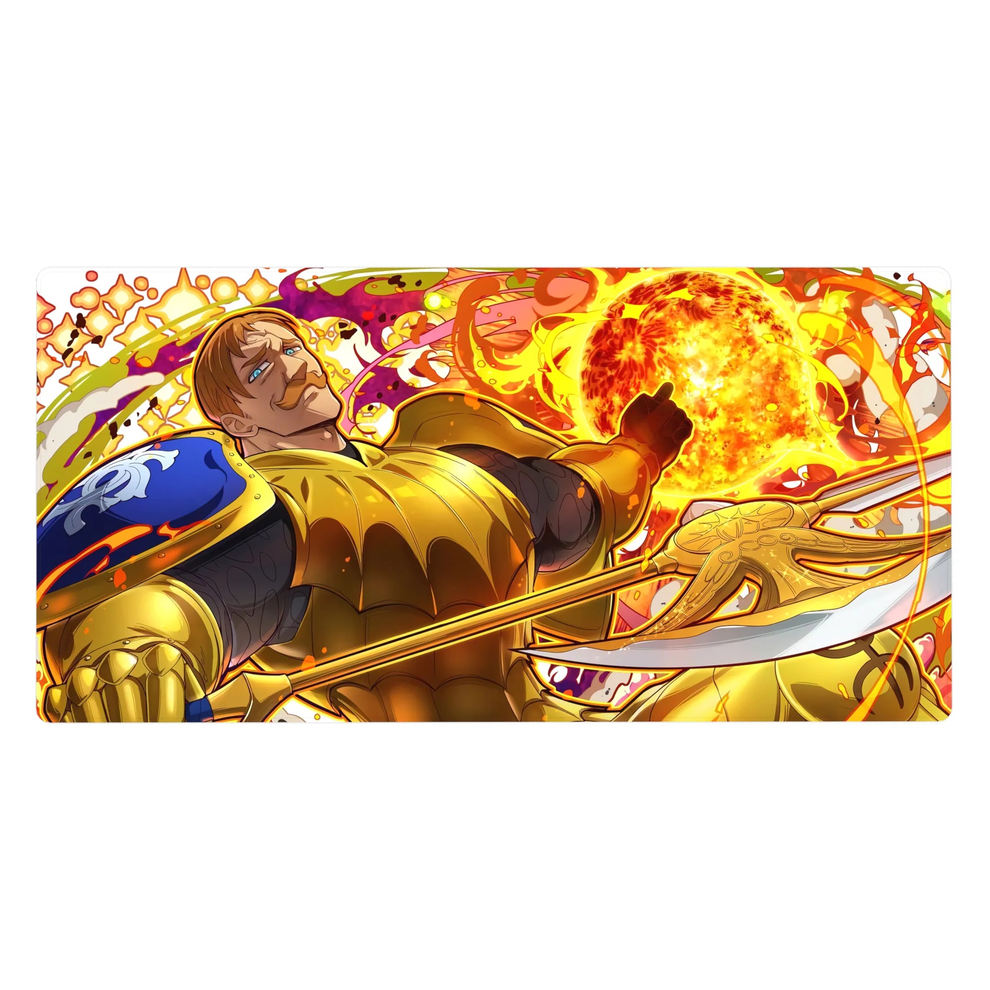 Golden armored knight anime desk pad 40x20 inches with fireball backdrop, low-angle heroic pose.