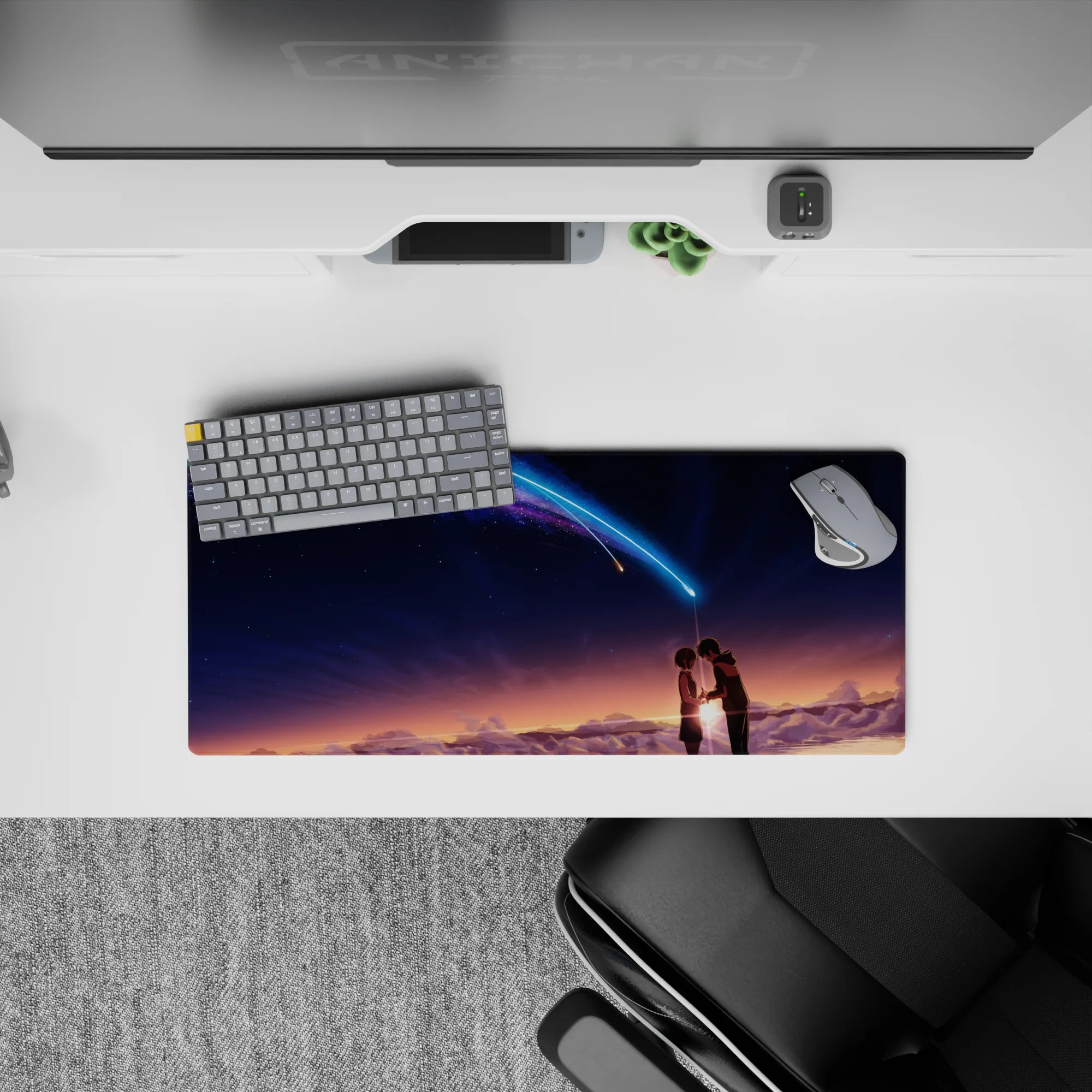 Romantic neon blue and violet comet over warm dusk fading to midnight on an anime mouse pad 28x12 inches.