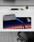 Romantic neon blue and violet comet over warm dusk fading to midnight on an anime mouse pad 28x12 inches.