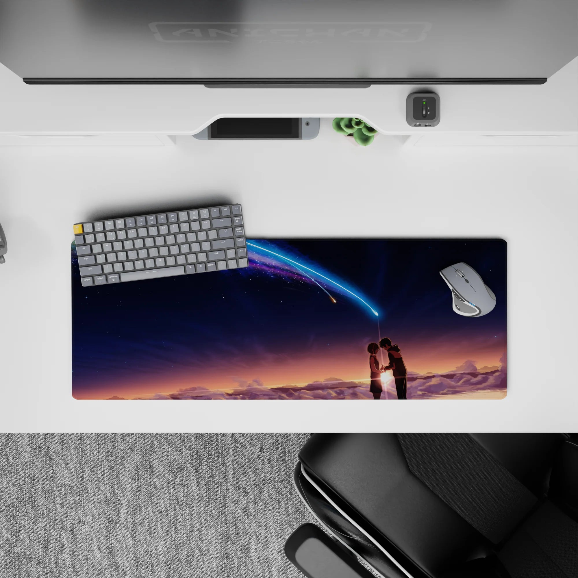32x12 inches anime mouse pad in sunset-to-midnight gradient, neon blue violet comet, calm romantic vibe.