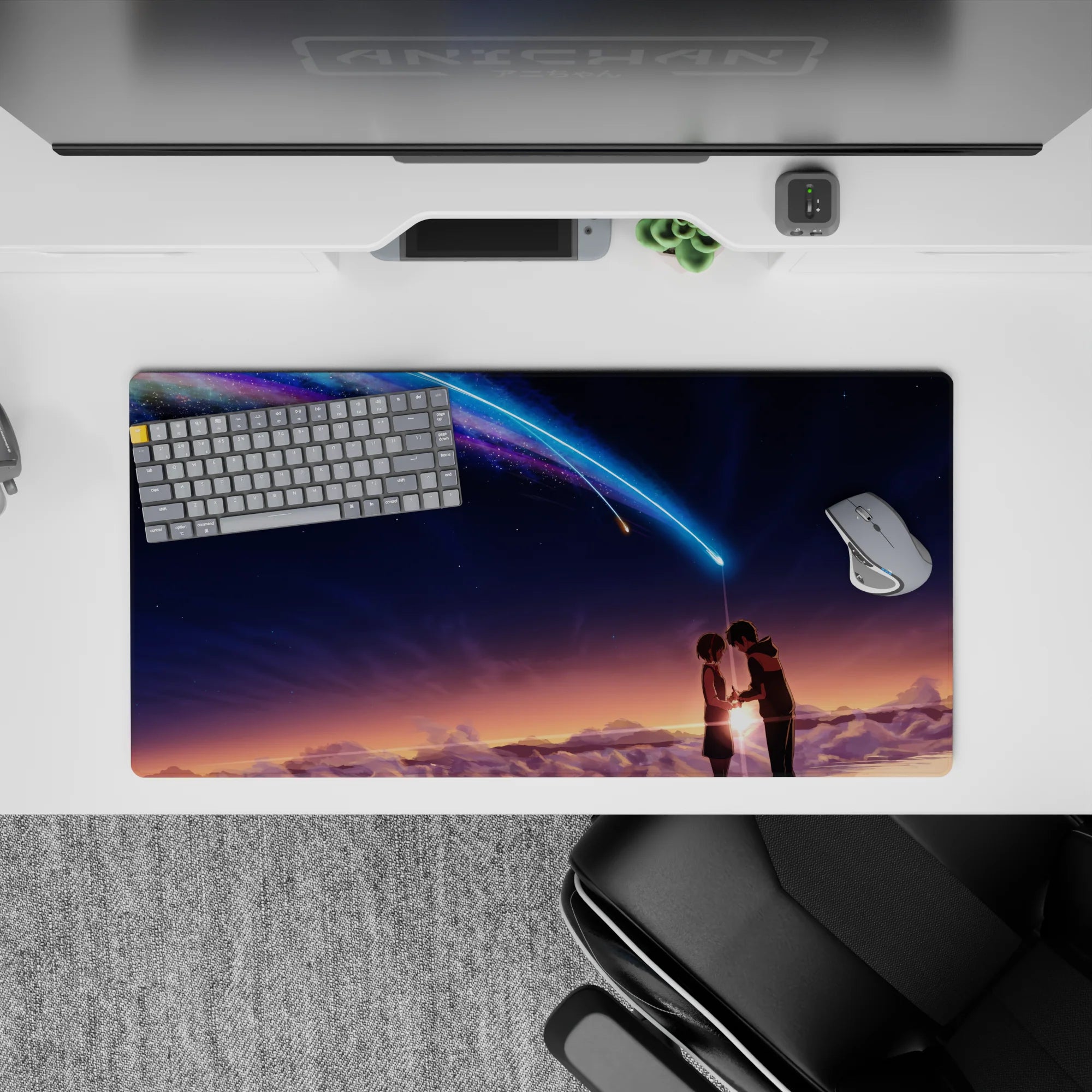 32x16 inches anime mouse pad in warm sunset to midnight tones, with blue-violet comet glow and romance.