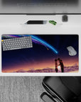 32x16 inches anime mouse pad in warm sunset to midnight tones, with blue-violet comet glow and romance.