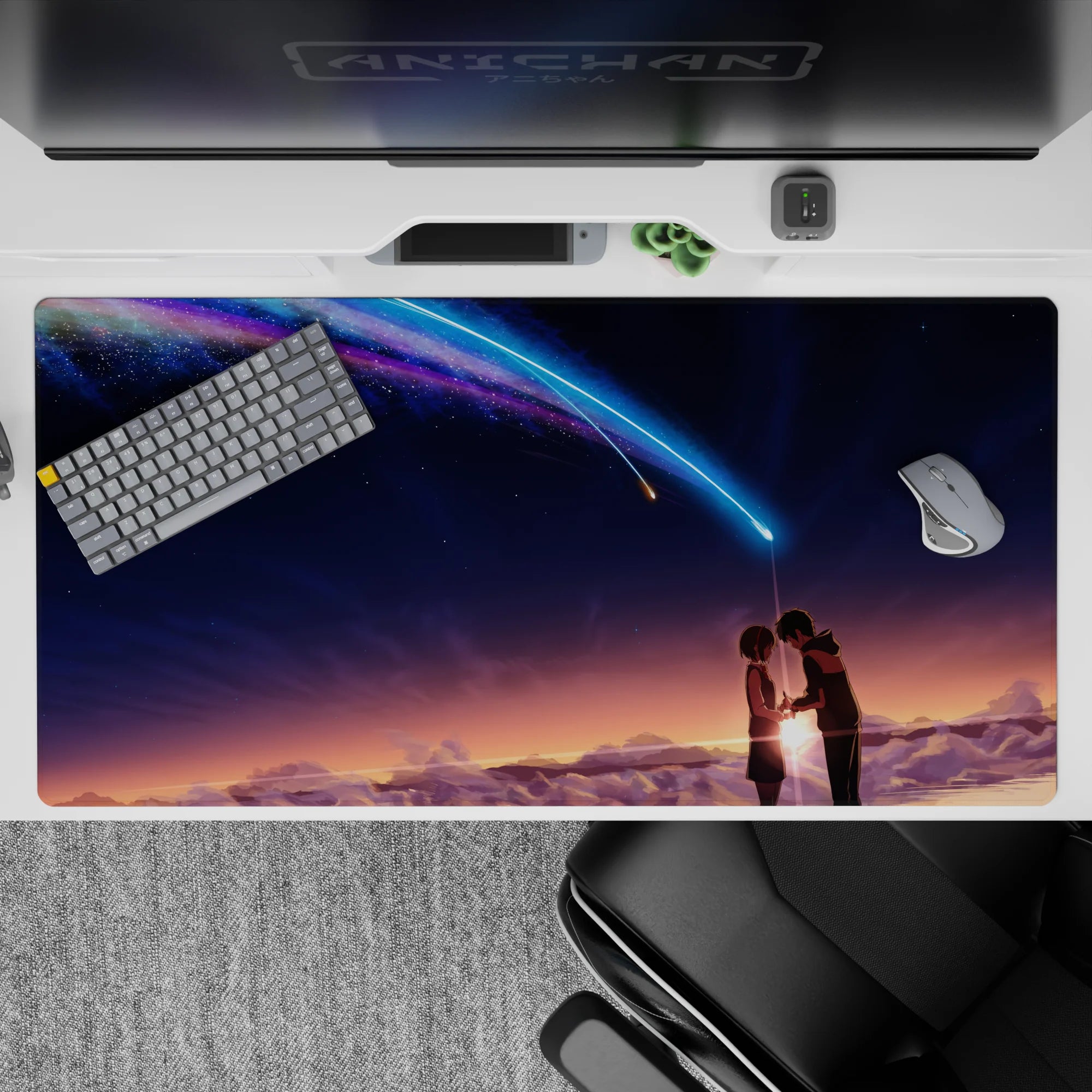 40x20 inches anime desk pad in warm sunset fading to midnight, neon blue-violet comet, dreamy clouds.