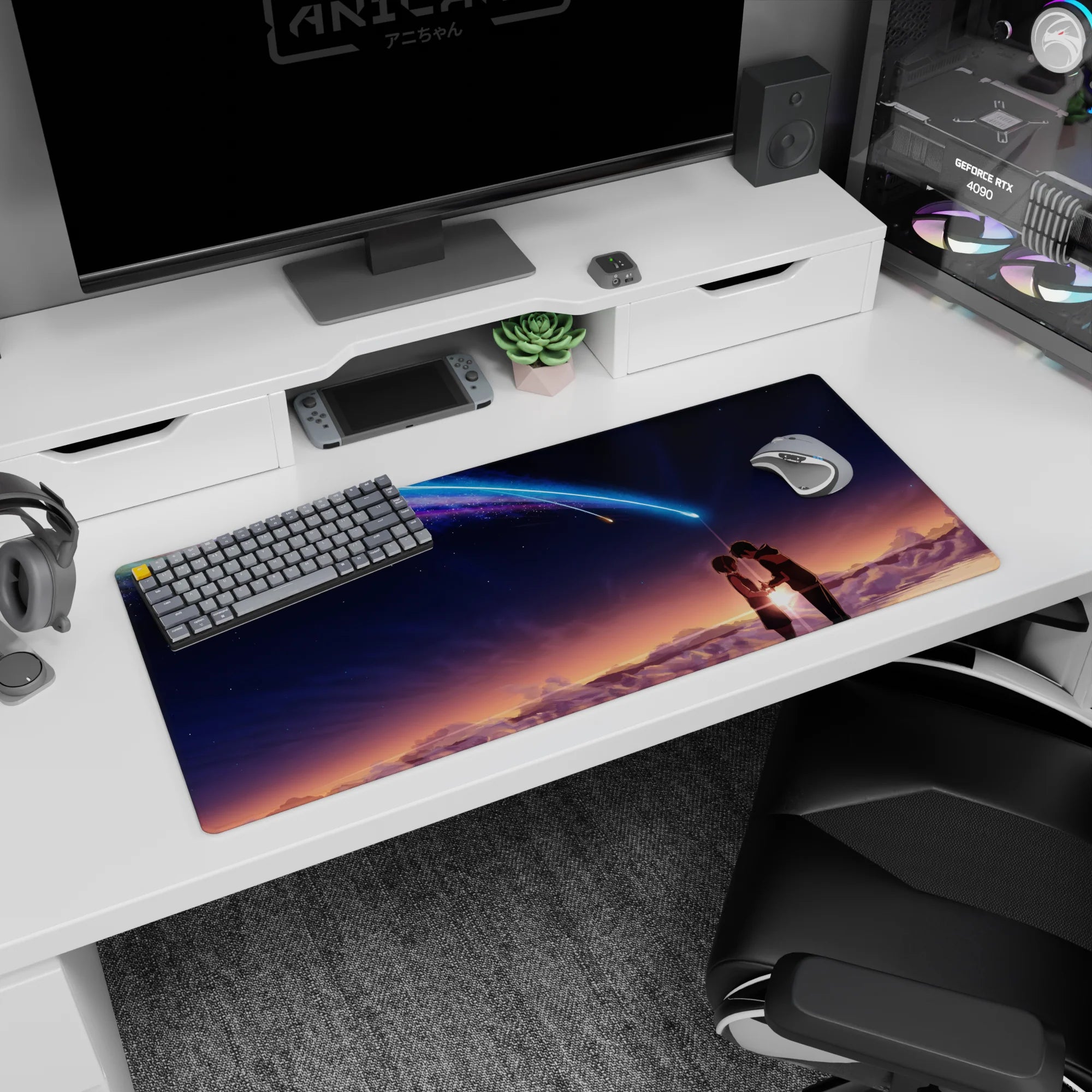 36x16 inches anime desk pad showing two students holding hands on a rooftop under stars and a glowing comet.