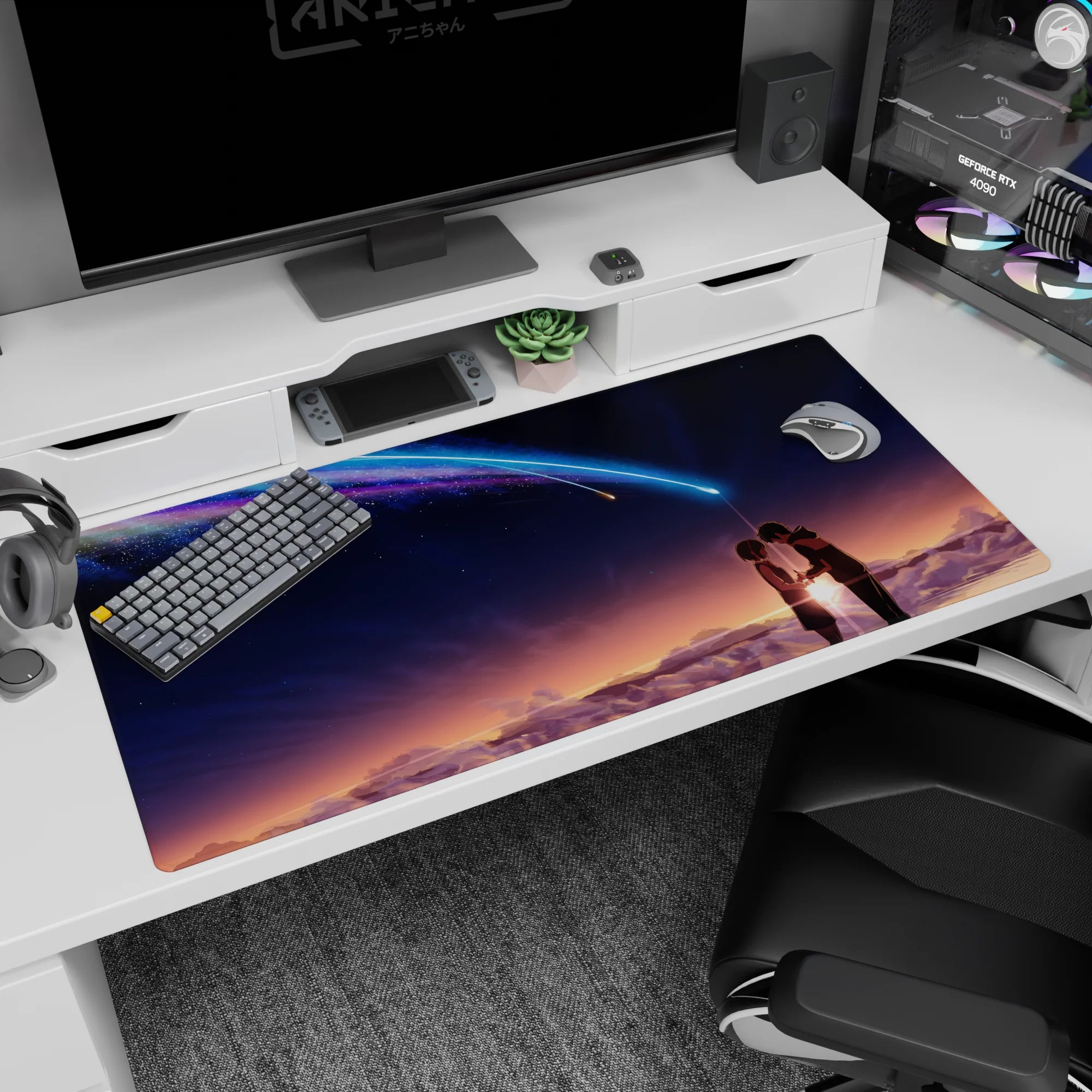 40x20 inches anime desk pad showing two students holding hands on a rooftop as a comet streaks by.