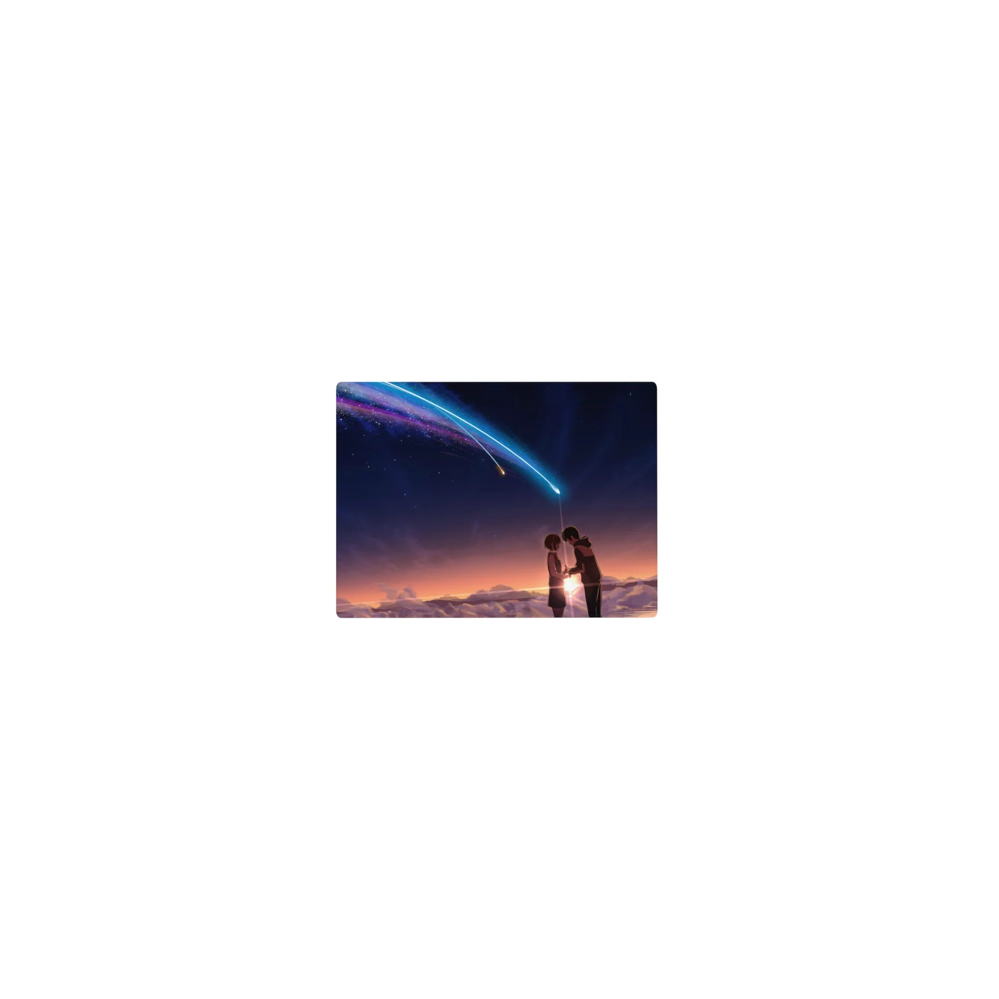 Classic anime mouse pad 14x10 inches, rooftop students holding hands under a neon comet and starry sky.