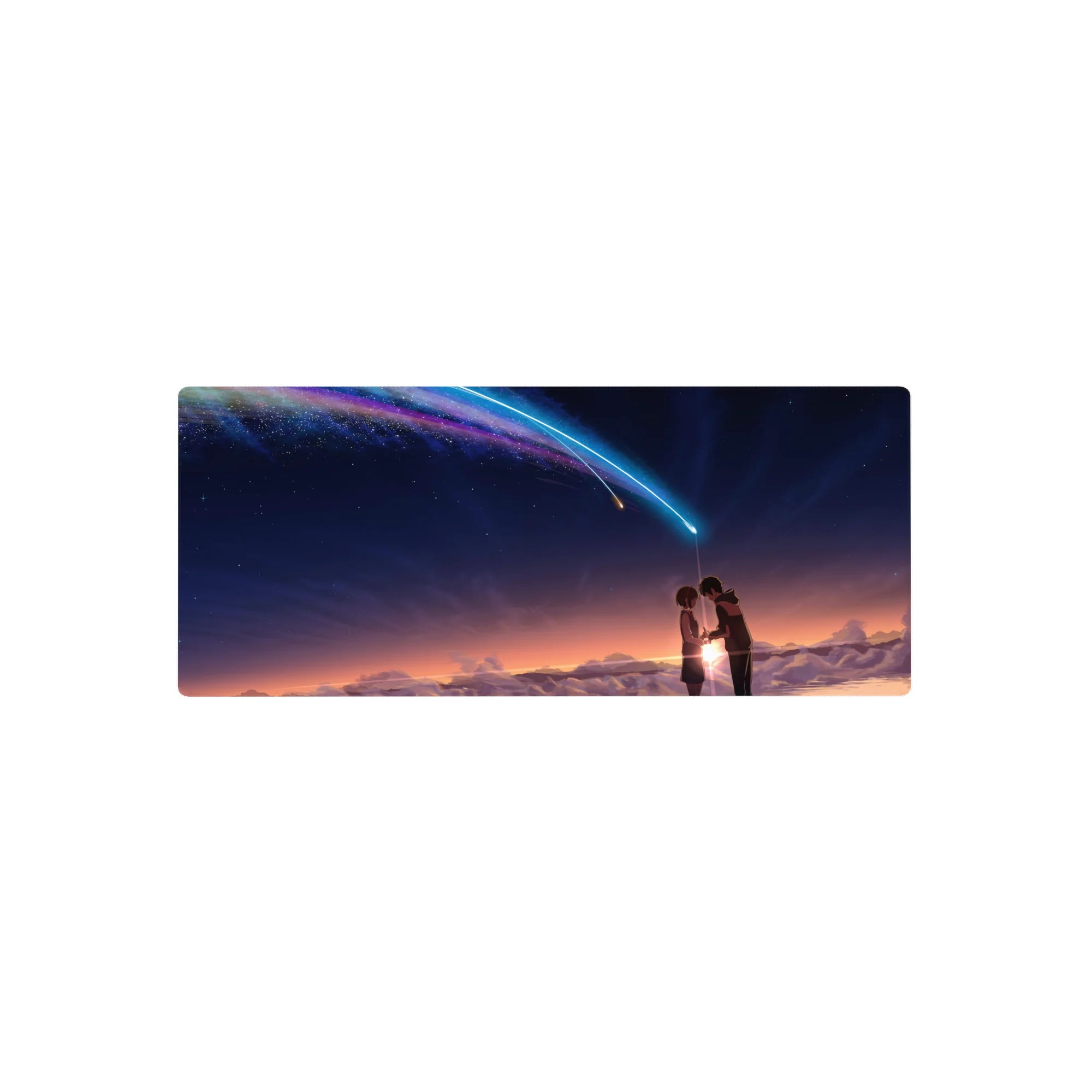 Starry rooftop anime mouse pad 28x12 inches with comet light trail, dreamy clouds, and sunset-to-midnight sky.