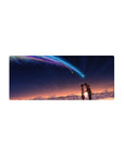 Starry rooftop anime mouse pad 28x12 inches with comet light trail, dreamy clouds, and sunset-to-midnight sky.