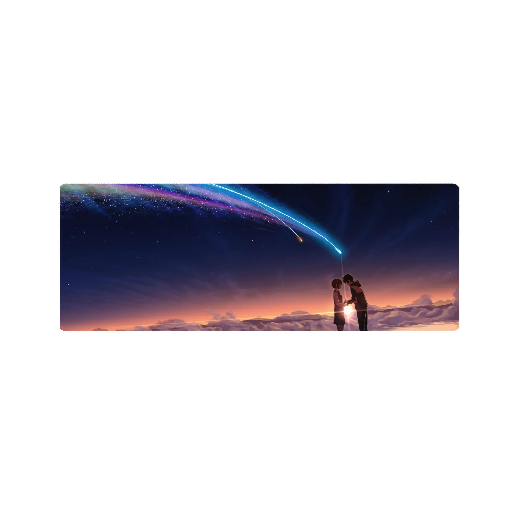 32x12 inches anime mouse pad with rooftop lovers silhouette, comet trail, layered clouds, starry sky.