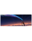 32x12 inches anime mouse pad with rooftop lovers silhouette, comet trail, layered clouds, starry sky.