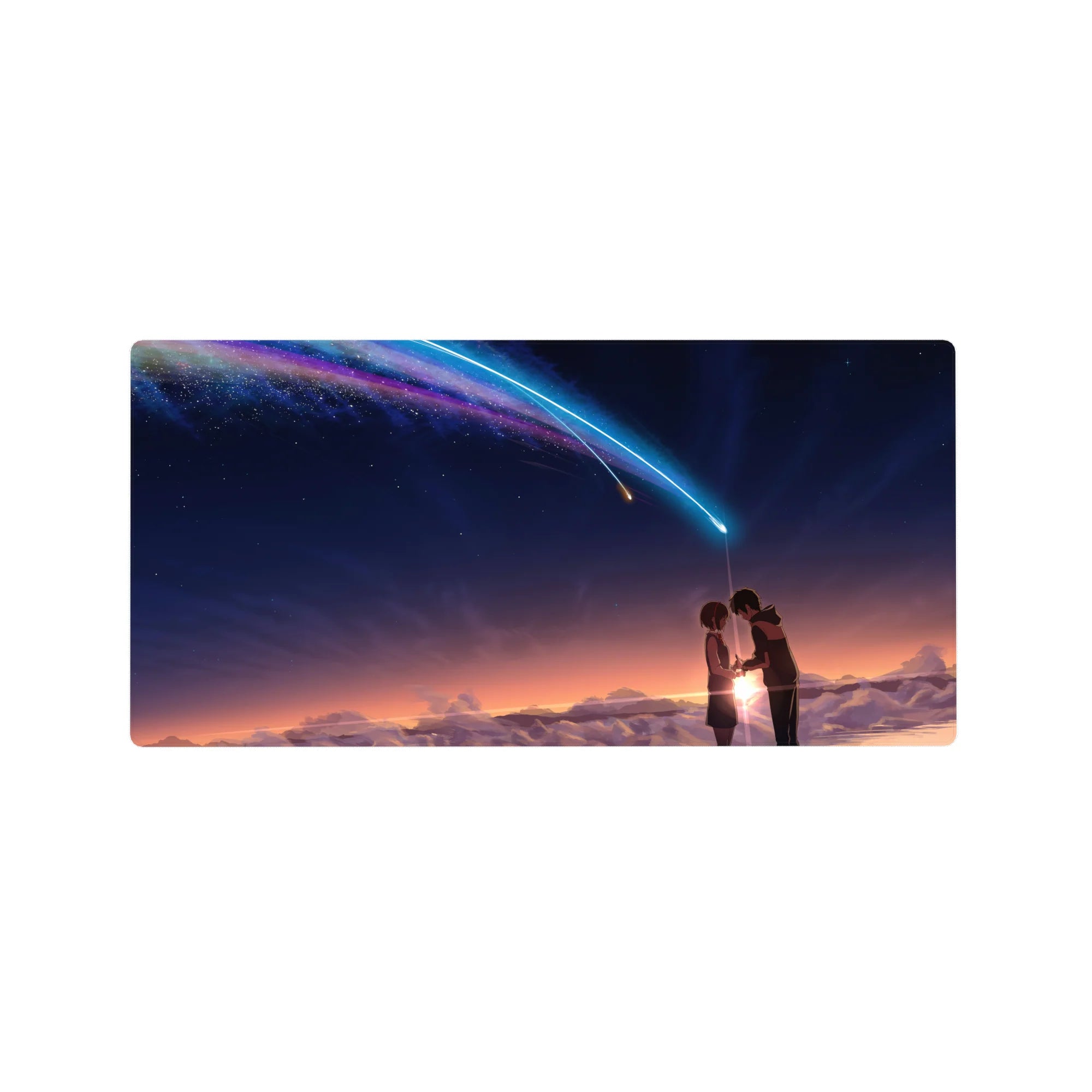 32x16 inches anime mouse pad with rooftop couple silhouettes and a neon comet over layered clouds.