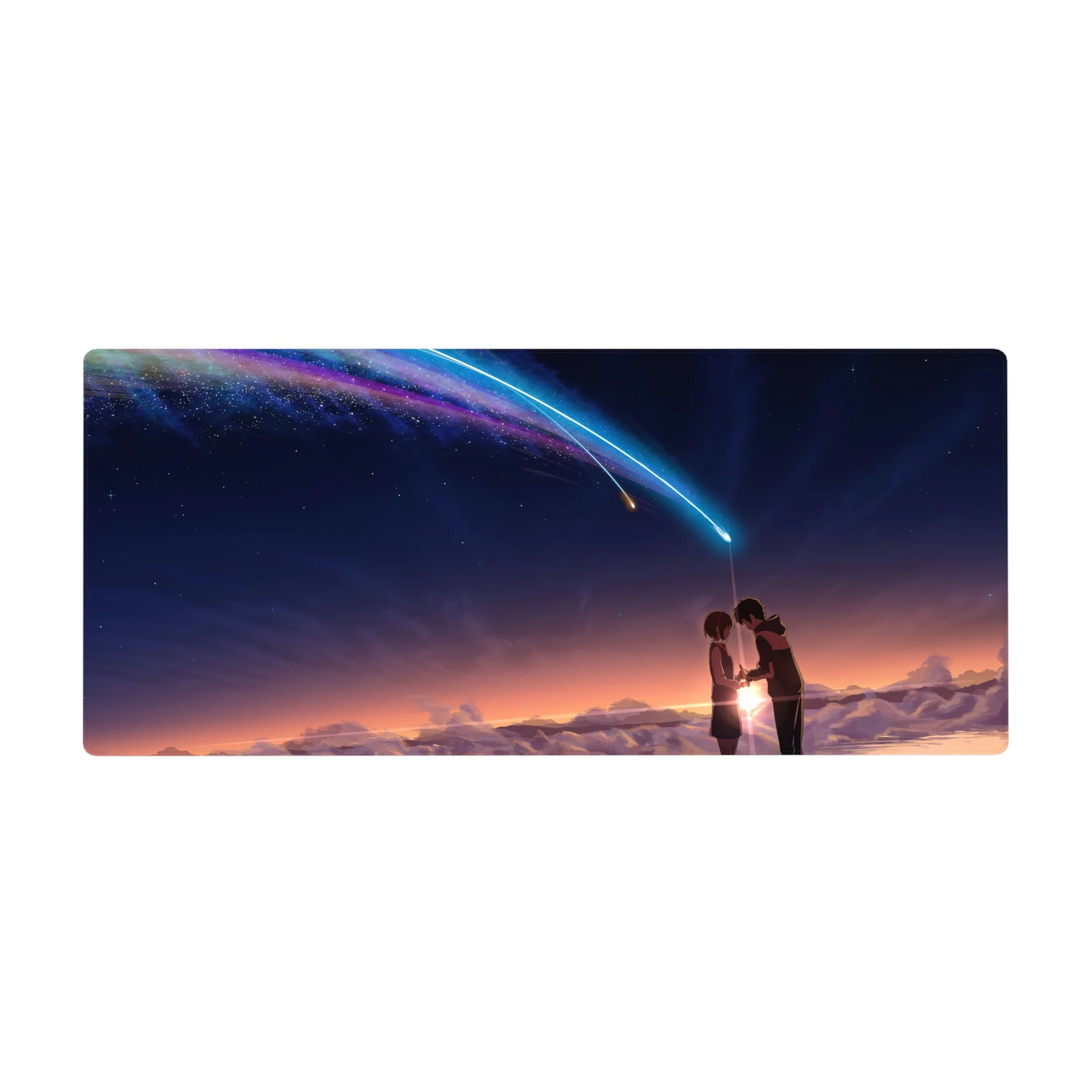 36x16 inches anime desk pad with rooftop couple silhouette, comet light trail, clouds, starry sky.