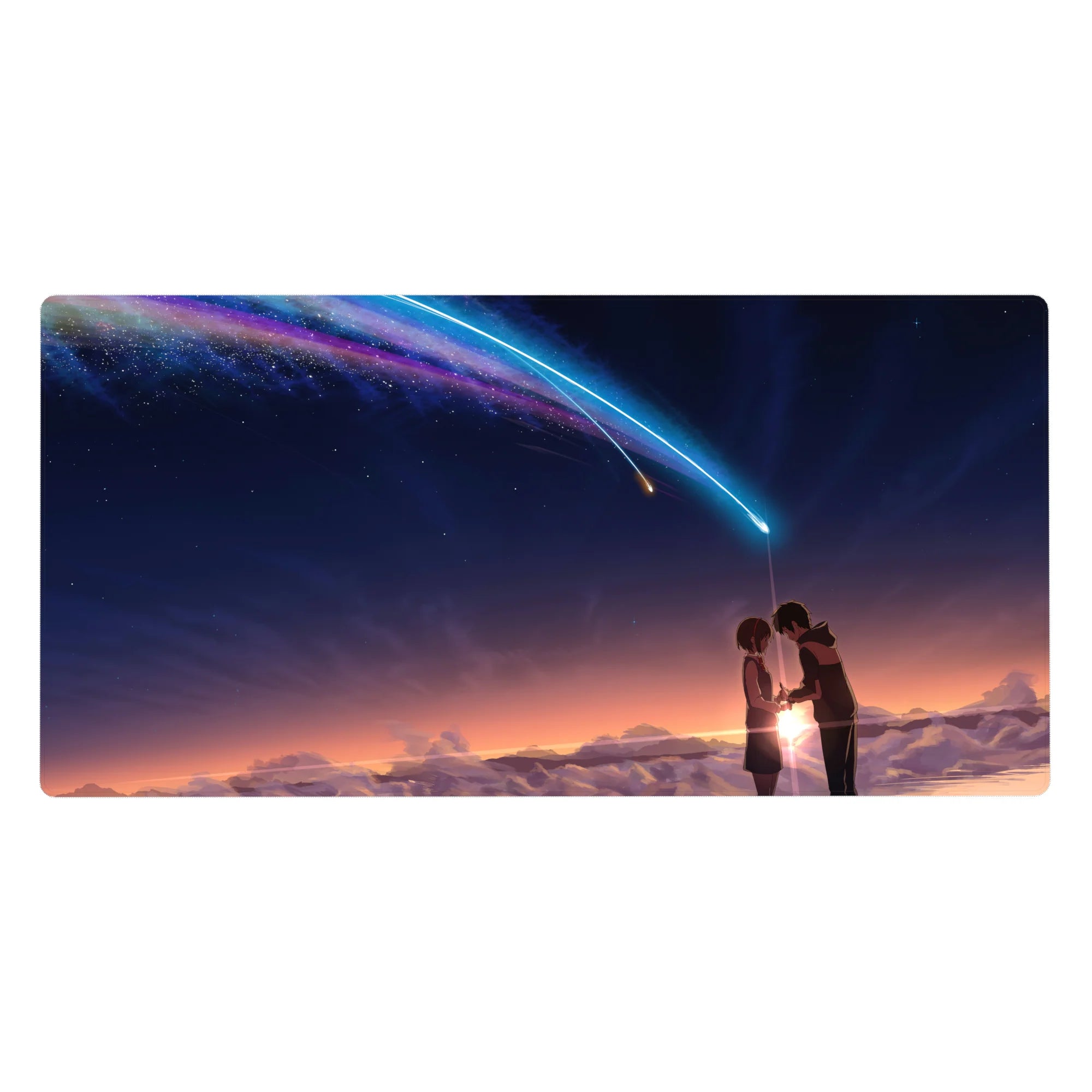 40x20 inches anime desk pad with rooftop couple under stars and a neon comet trail at sunset.