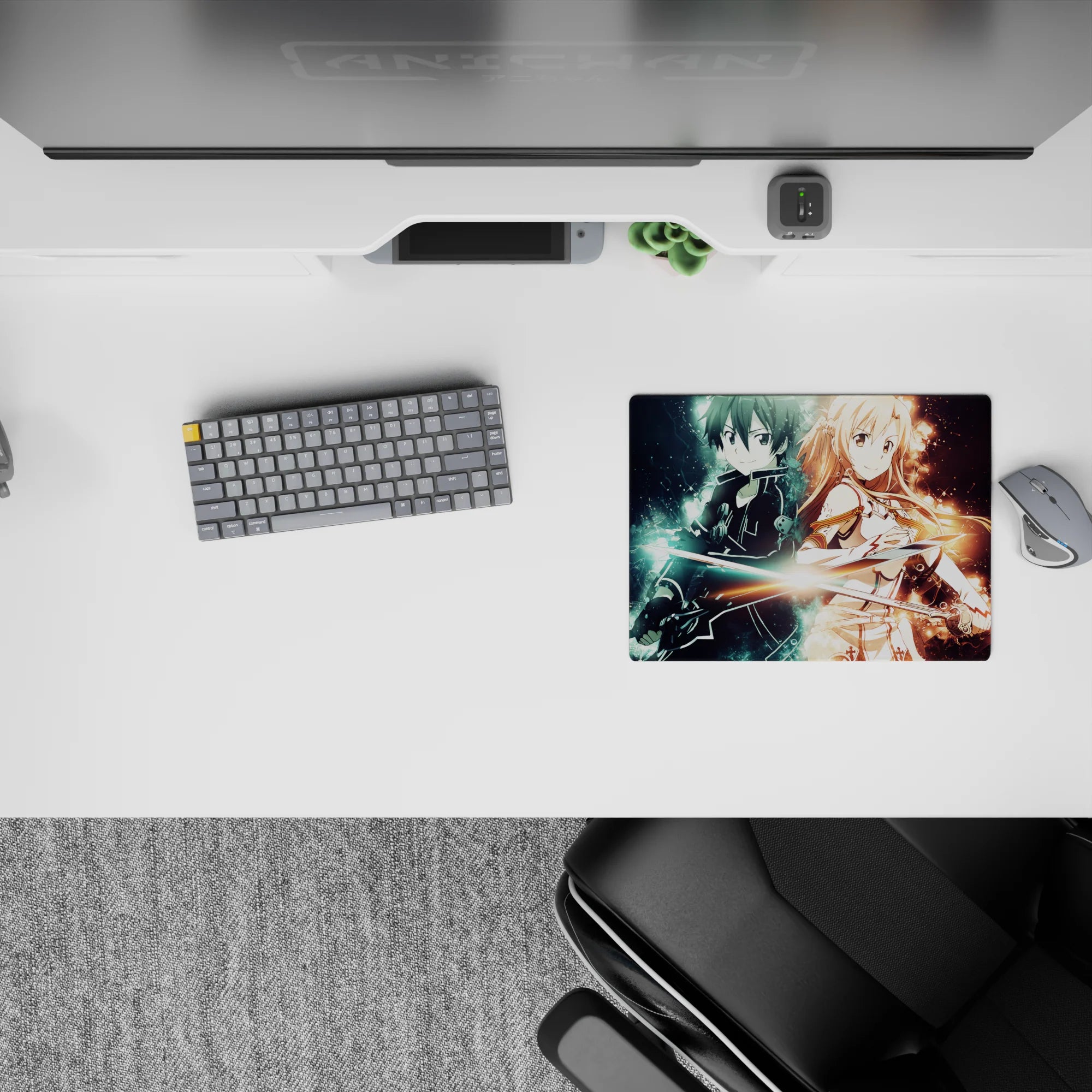 Kirito and Asuna anime mouse pad, 14x10 inches, shows them back to back with blue and gold auras, perfect for desks.