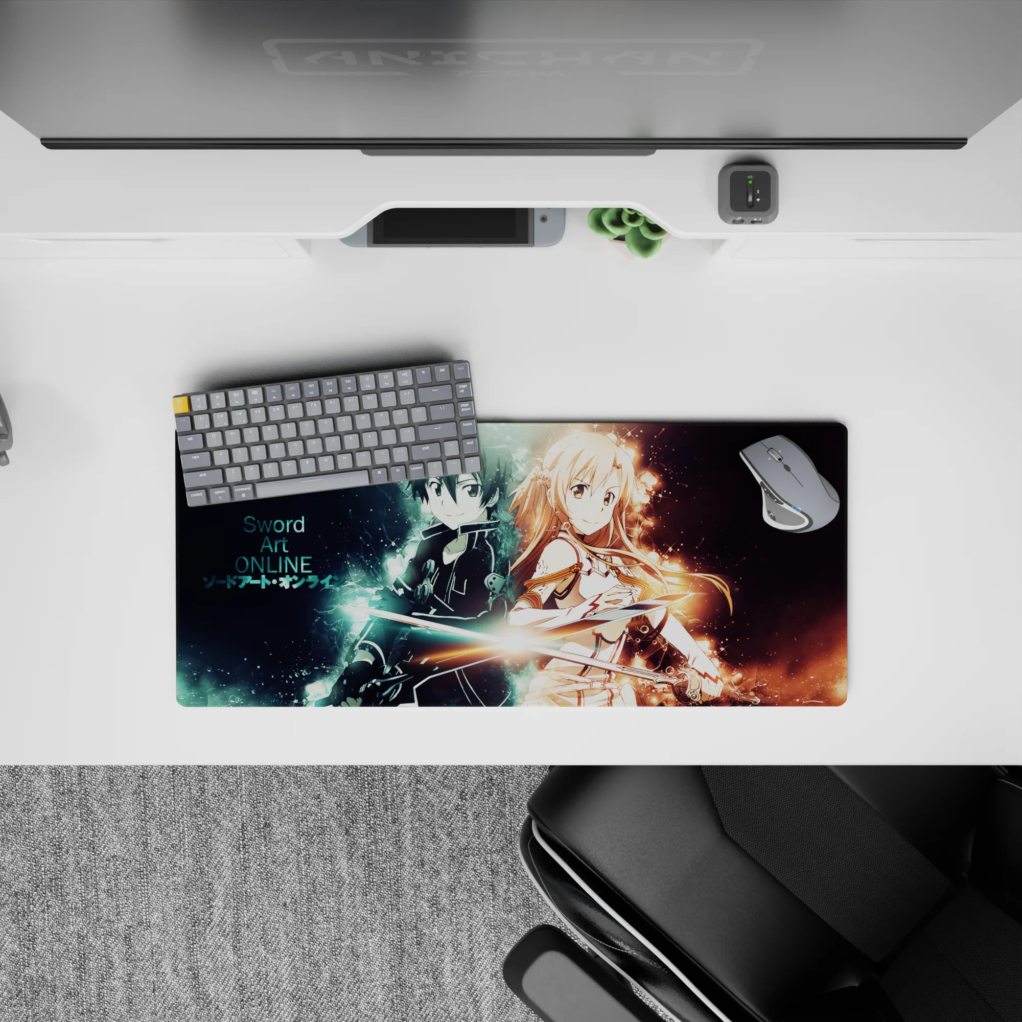 Anime mouse pad 28x12 inches featuring Kirito and Asuna from Sword Art Online, with electric blue and warm gold auras.