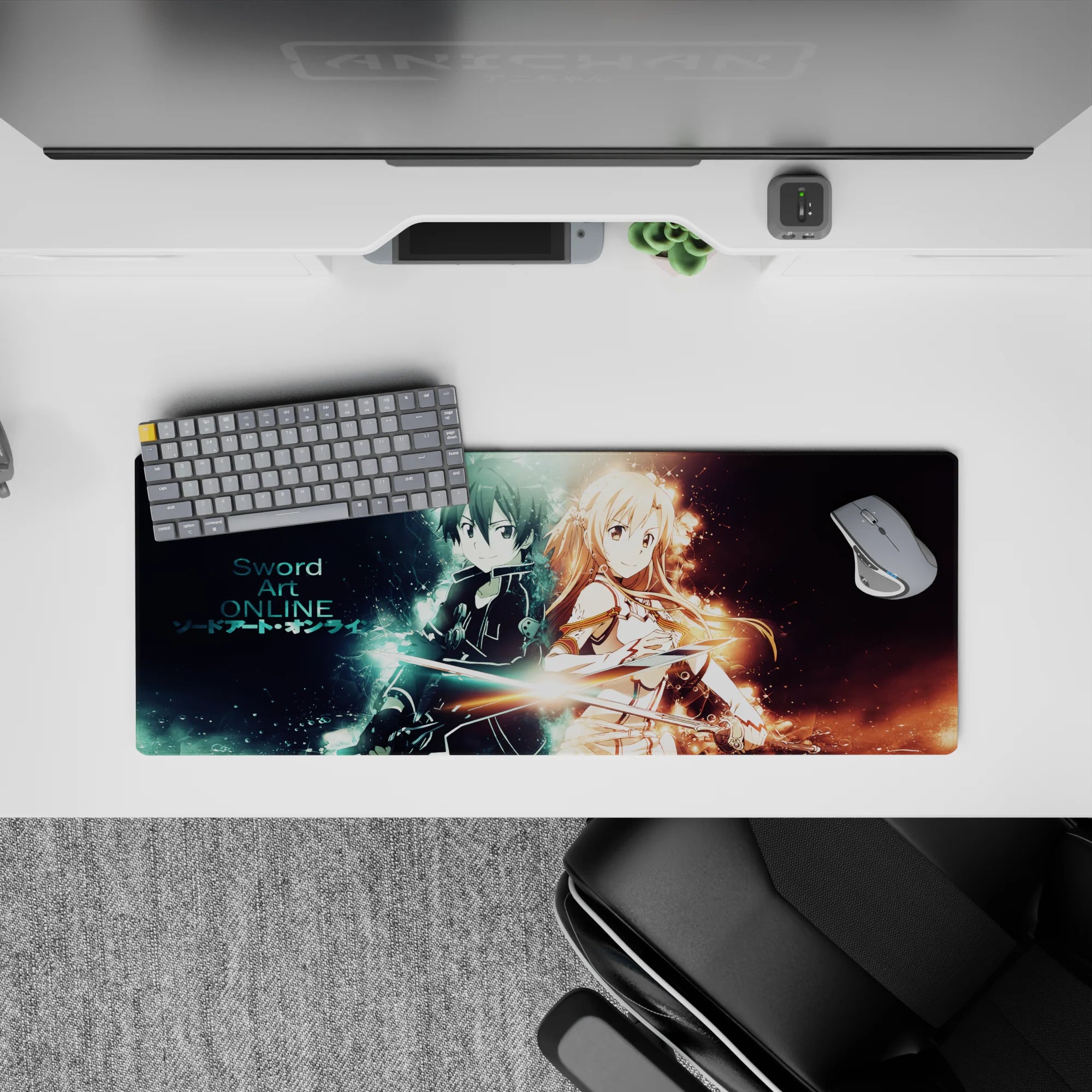 Anime mouse pad 32x12 inches featuring Kirito and Asuna from Sword Art Online in dynamic duality of blue and gold auras.