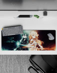 Anime mouse pad 32x12 inches featuring Kirito and Asuna from Sword Art Online in dynamic duality of blue and gold auras.