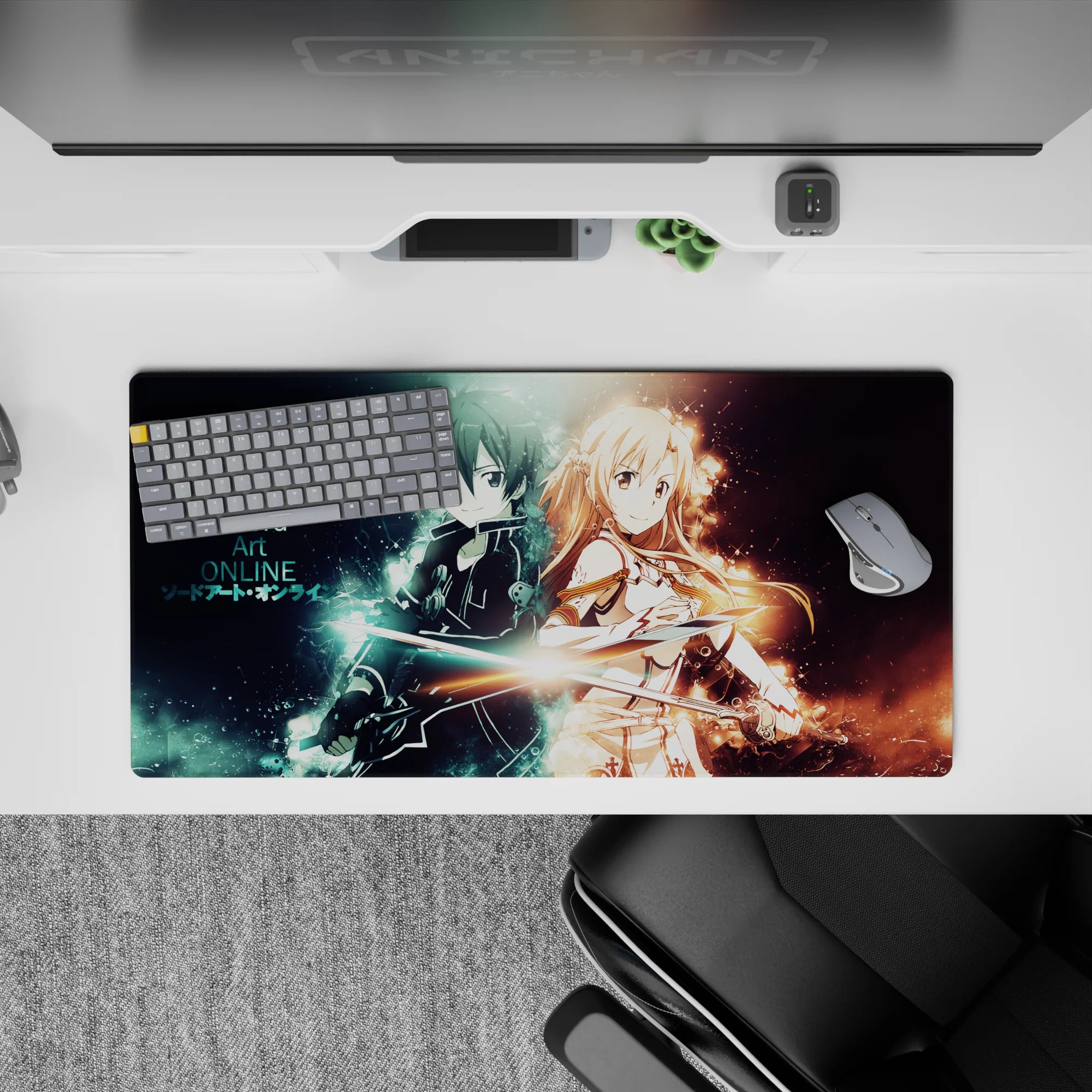 Anime mouse pad 32x16 inches featuring Kirito and Asuna from Sword Art Online, showcasing electric blue and warm gold auras.