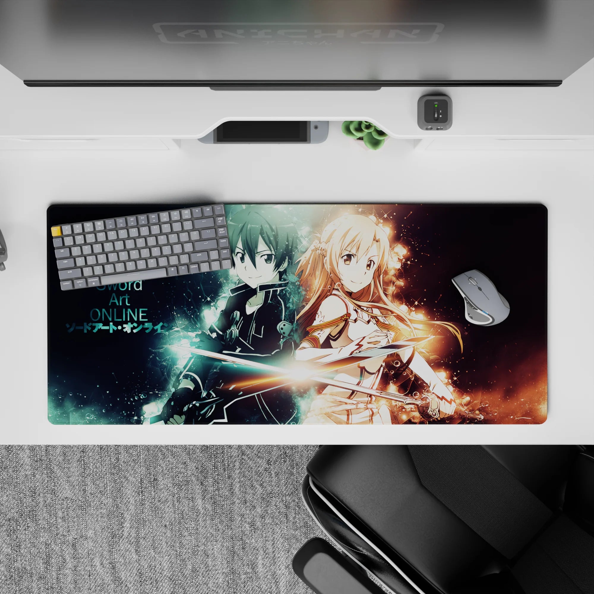 Anime mouse pad 36x16 inches featuring Kirito and Asuna from Sword Art Online, with electric blue and warm gold auras.