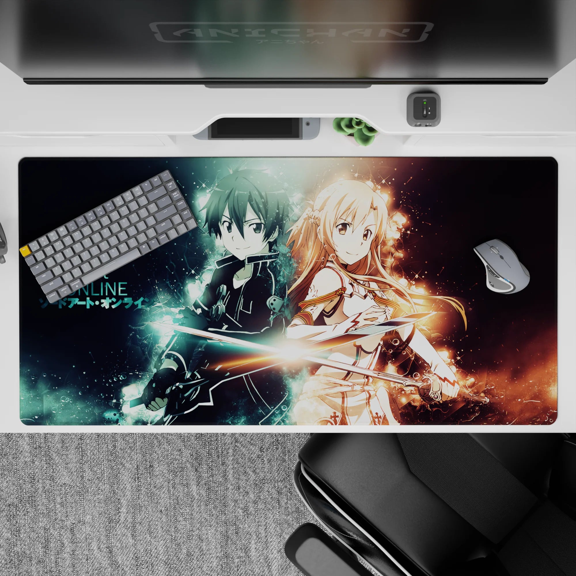 Anime desk pad featuring Kirito and Asuna from Sword Art Online, 40x20 inches, electric blue and warm gold aura.