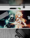 Anime desk pad featuring Kirito and Asuna from Sword Art Online, 40x20 inches, electric blue and warm gold aura.