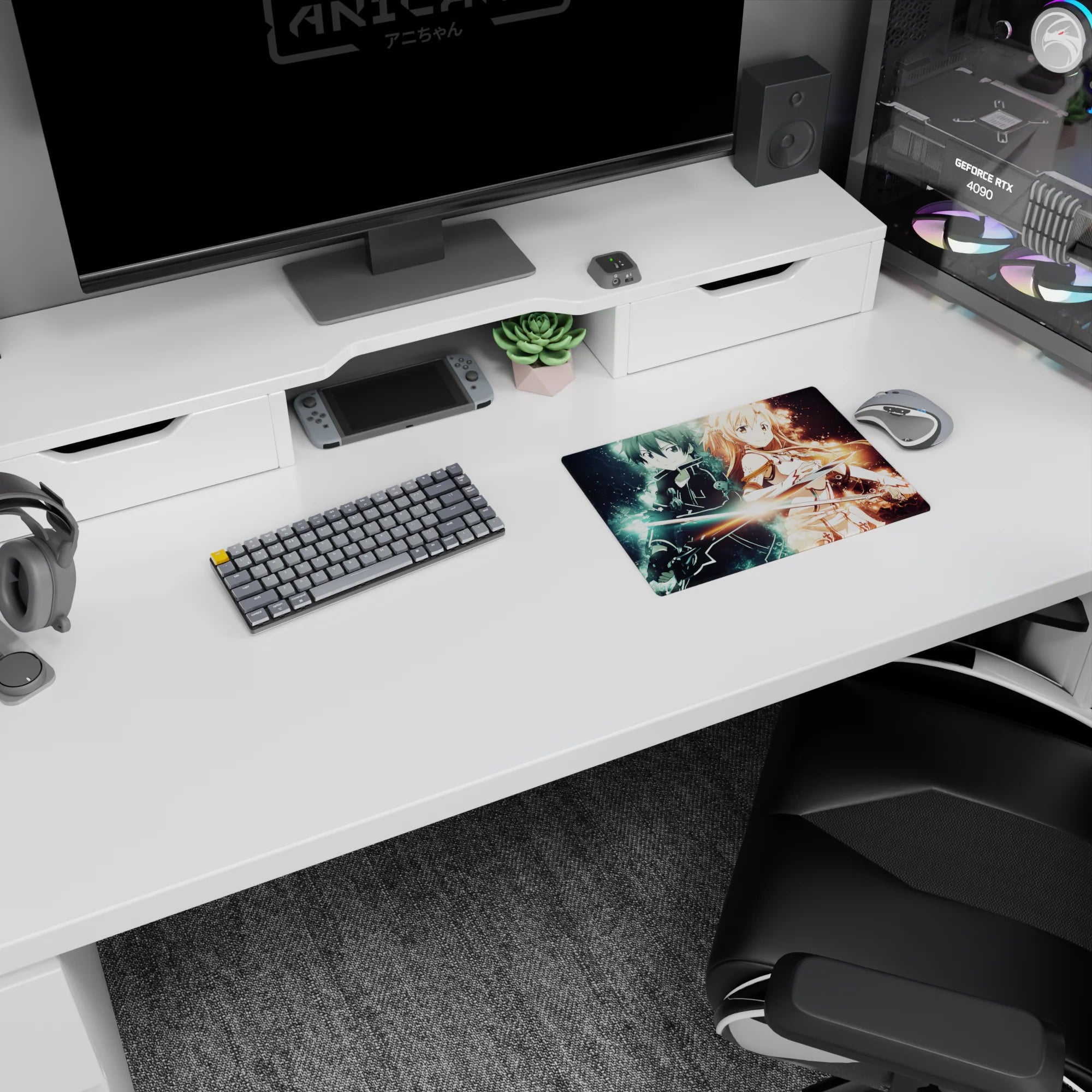 Kirito and Asuna anime mouse pad, 14x10 inches, featuring a dynamic duality with electric blue and warm gold auras.