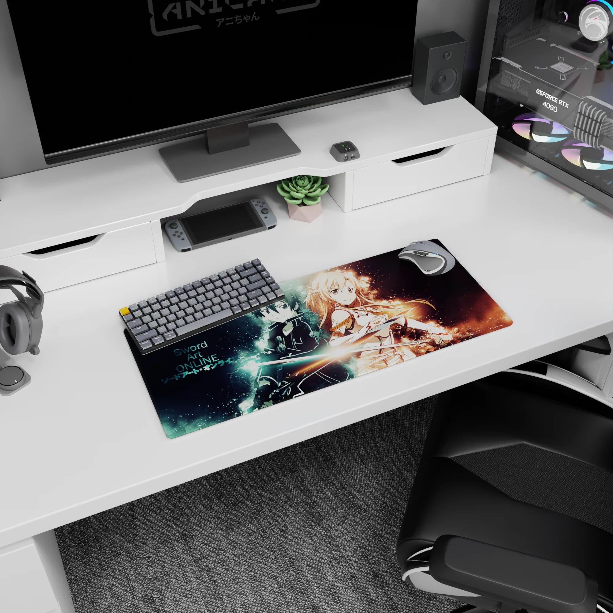 Anime mouse pad 28x12 inches featuring Kirito and Asuna, with electric blue and warm gold auras, dramatic duel scene.