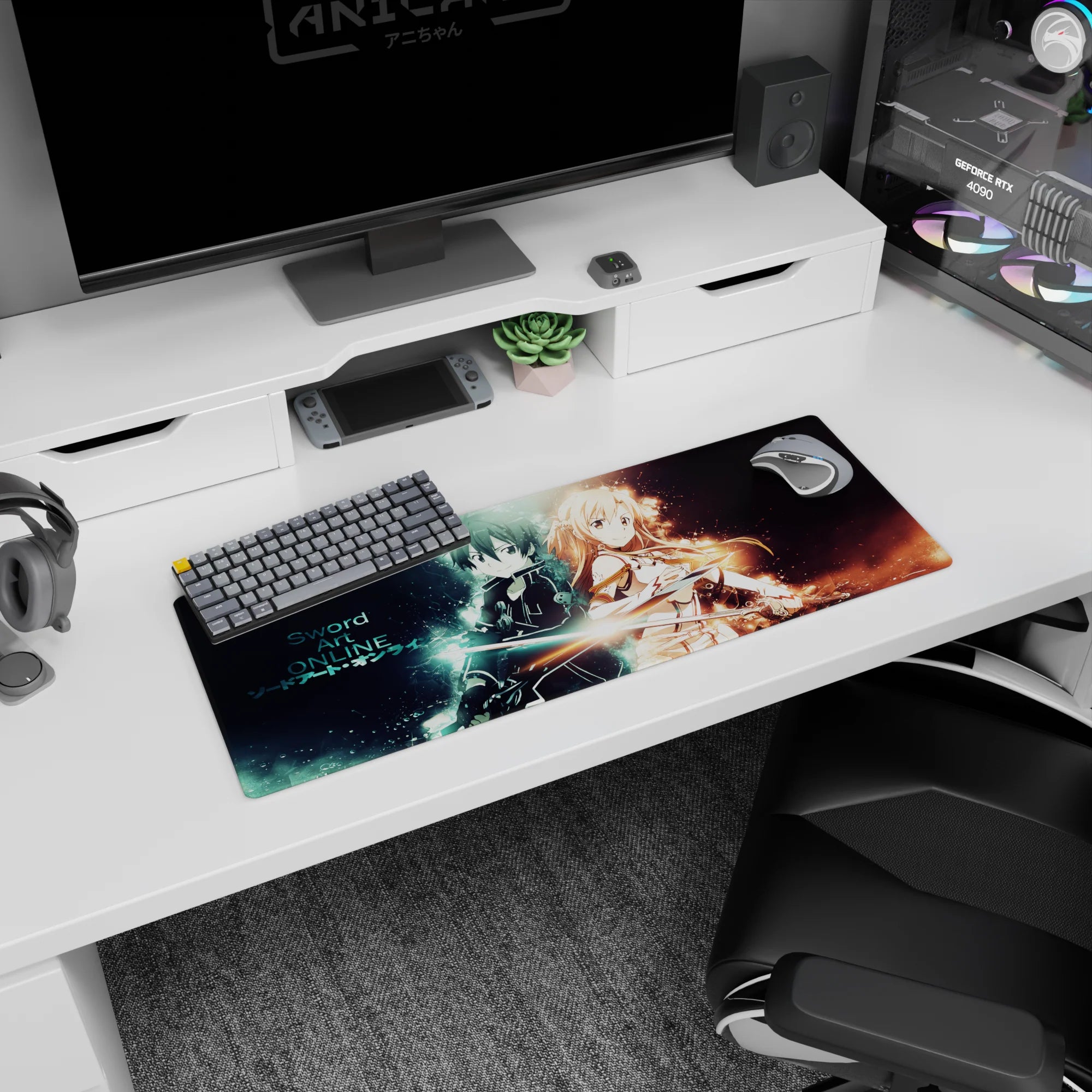 Anime mouse pad 32x12 inches featuring Kirito and Asuna from Sword Art Online with electric blue and warm gold auras.